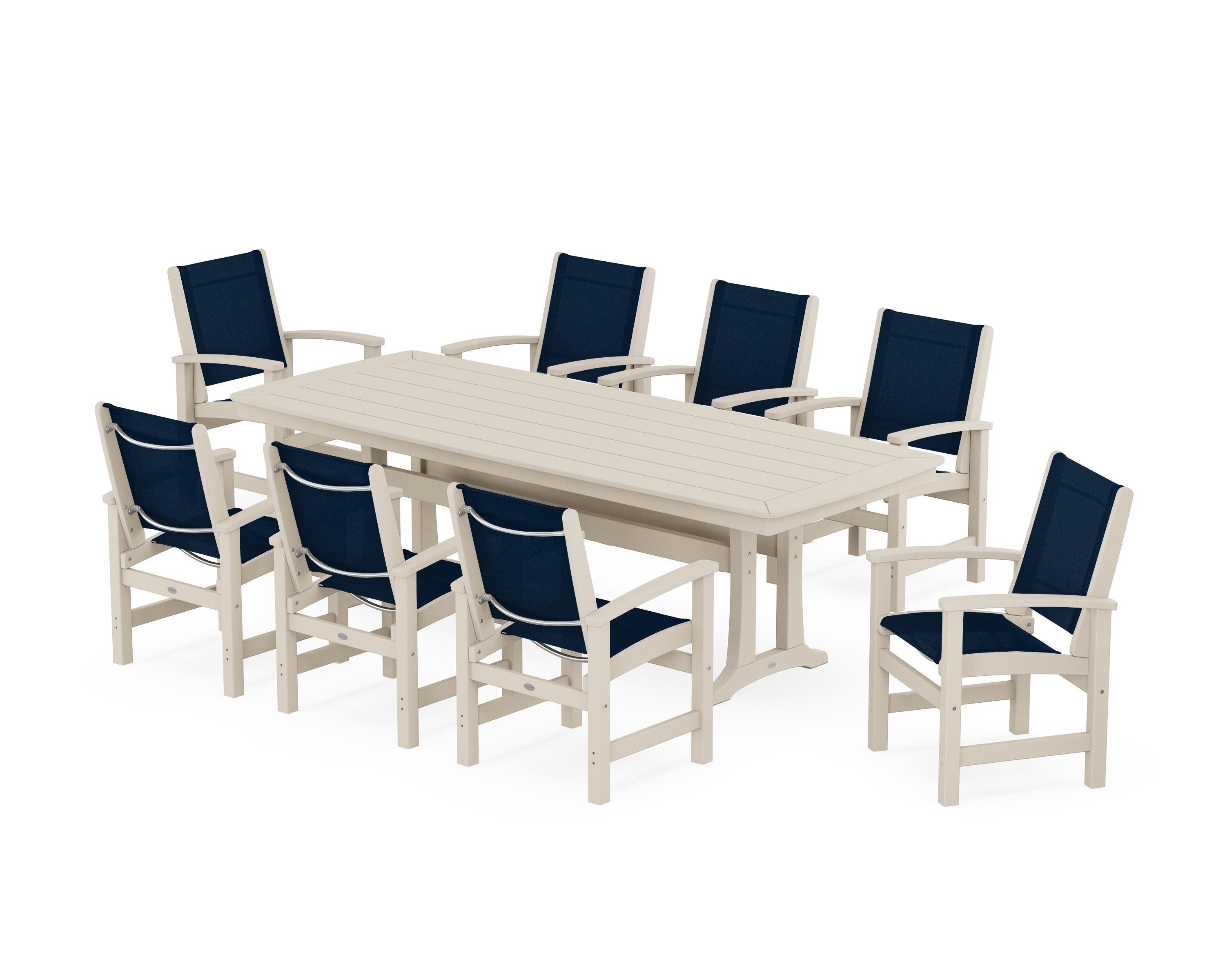 POLYWOOD® Coastal 9-Piece Dining Set with Trestle Legs in Sand / Navy Blue Sling