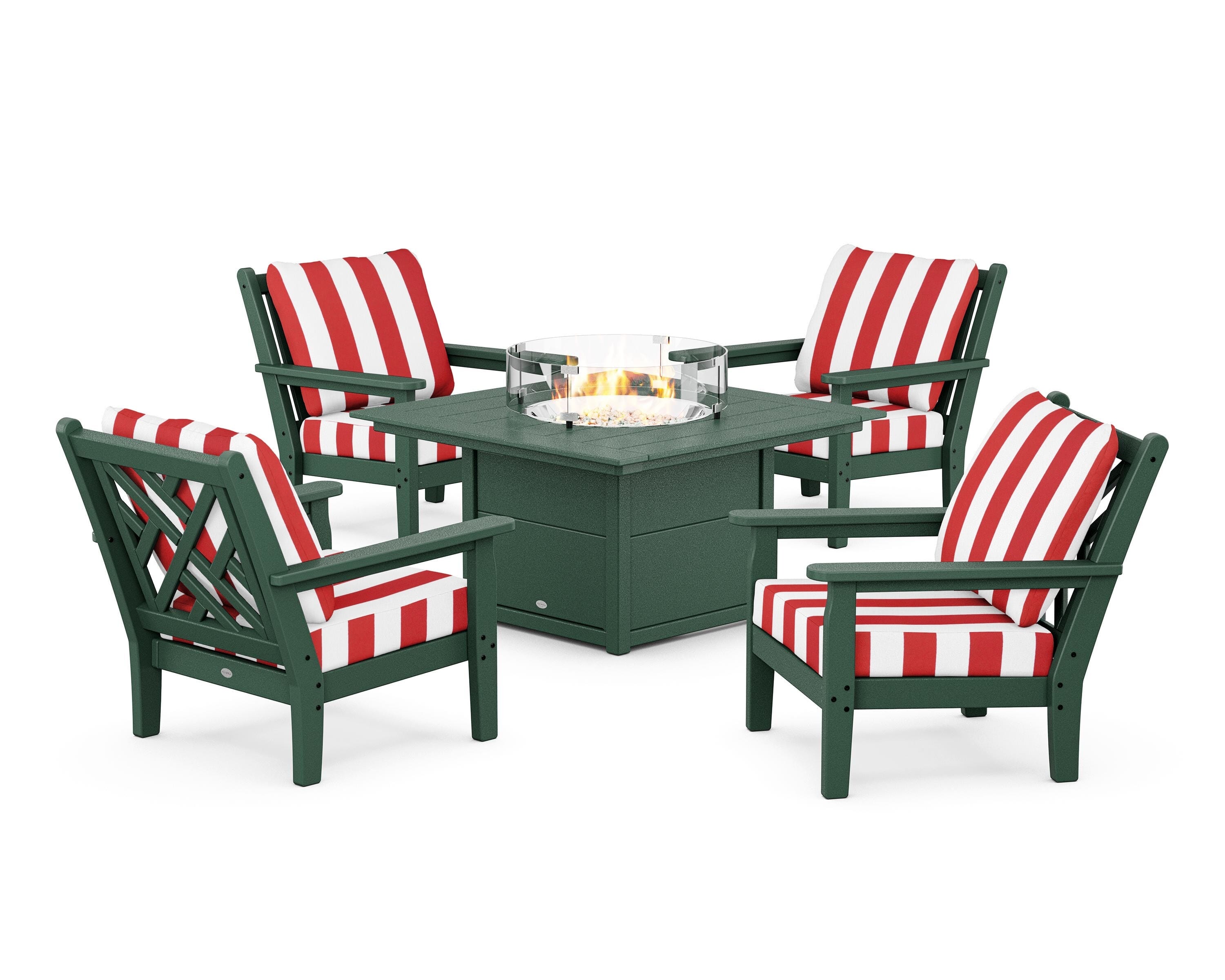 POLYWOOD® Chippendale 5-Piece Deep Seating Set with Fire Pit Table in Green / Cabana Stripe Crimson