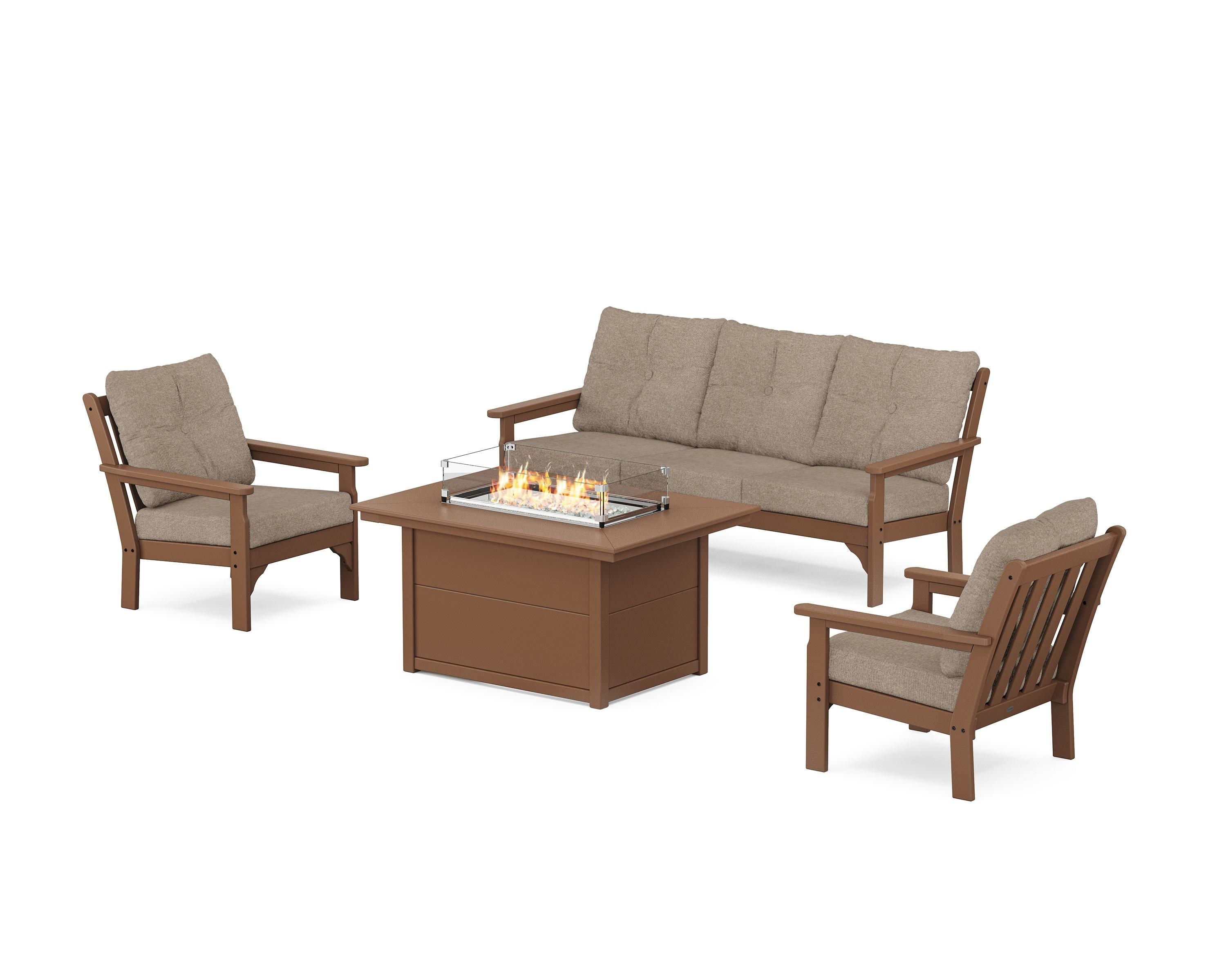 POLYWOOD® Vineyard Deep Seating Fire Pit Table Set in Teak / Spiced Burlap