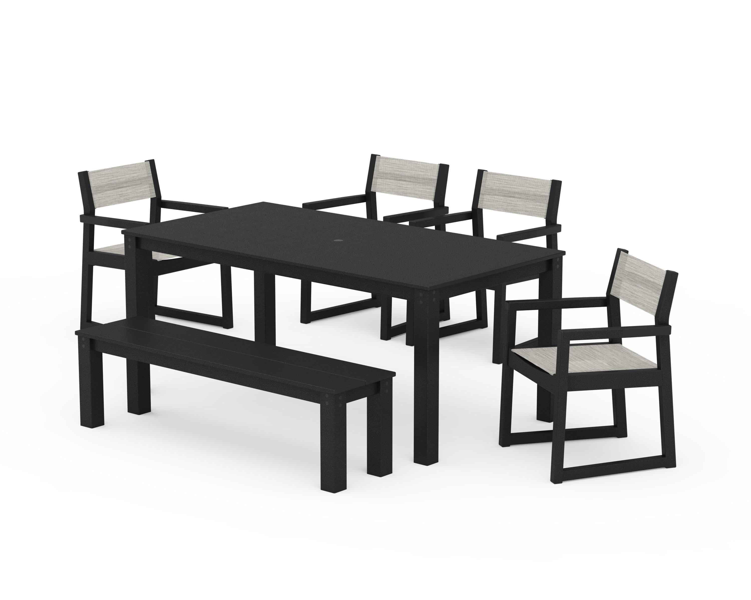 POLYWOOD® EDGE Sling Arm Chair 6-Piece Parsons Dining Set with Bench in Black / Birch Sling