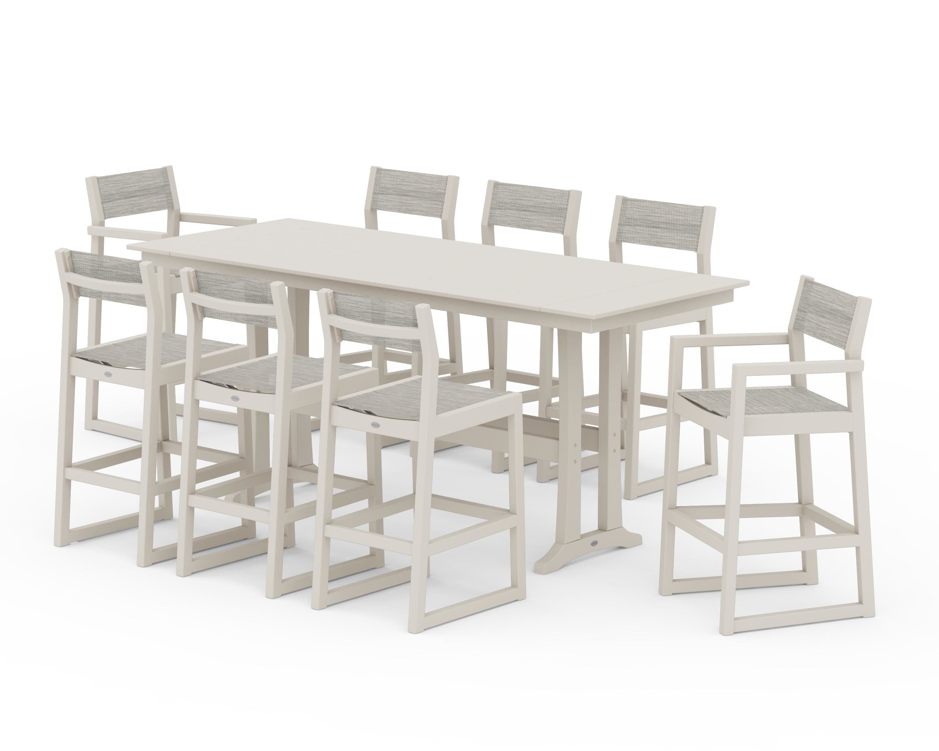 POLYWOOD® EDGE Sling 9-Piece Farmhouse Bar Set with Trestle Legs in Sand / Birch Sling
