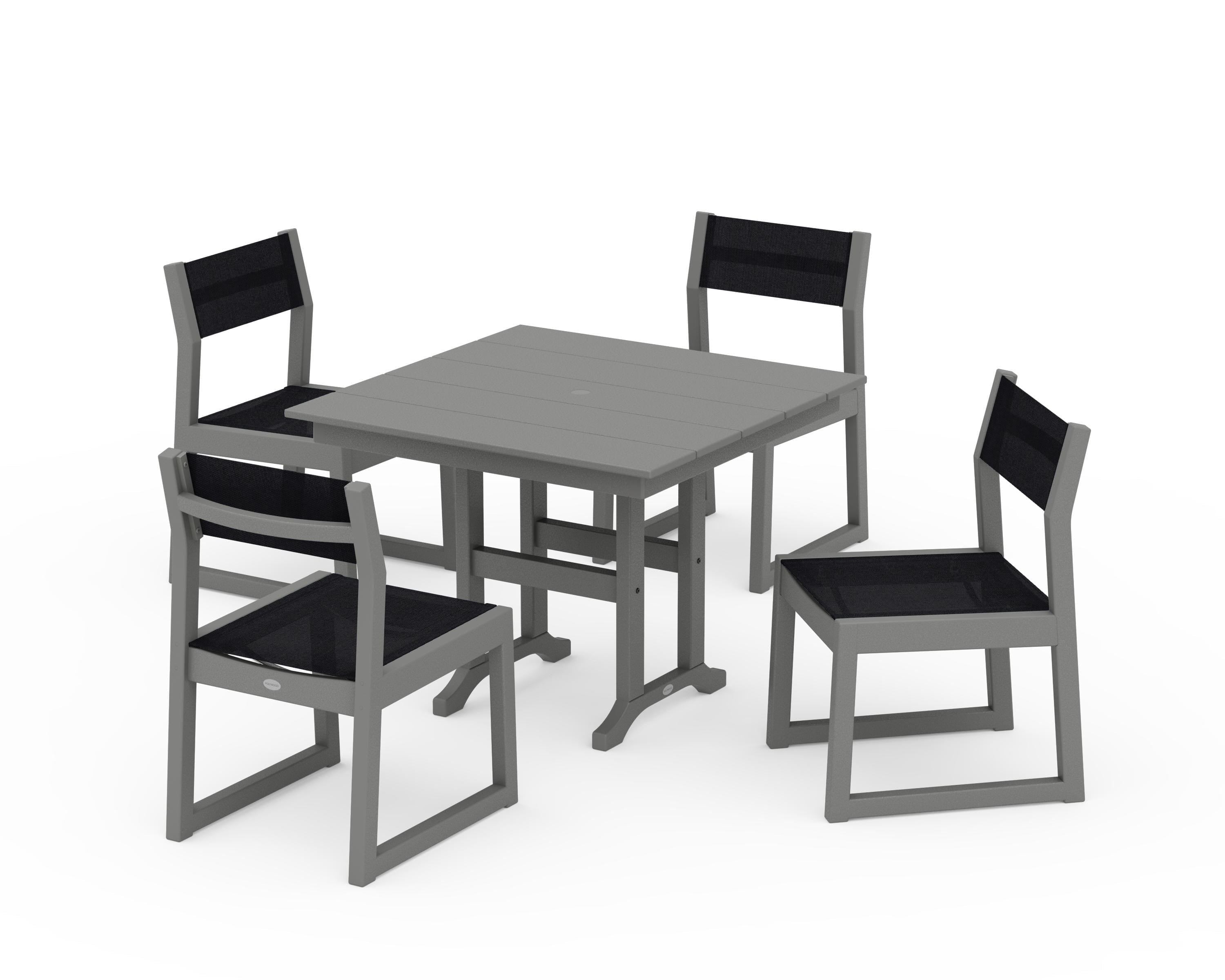 POLYWOOD® EDGE Sling Side Chair 5-Piece Farmhouse Dining Set in Slate Grey / Black Sling