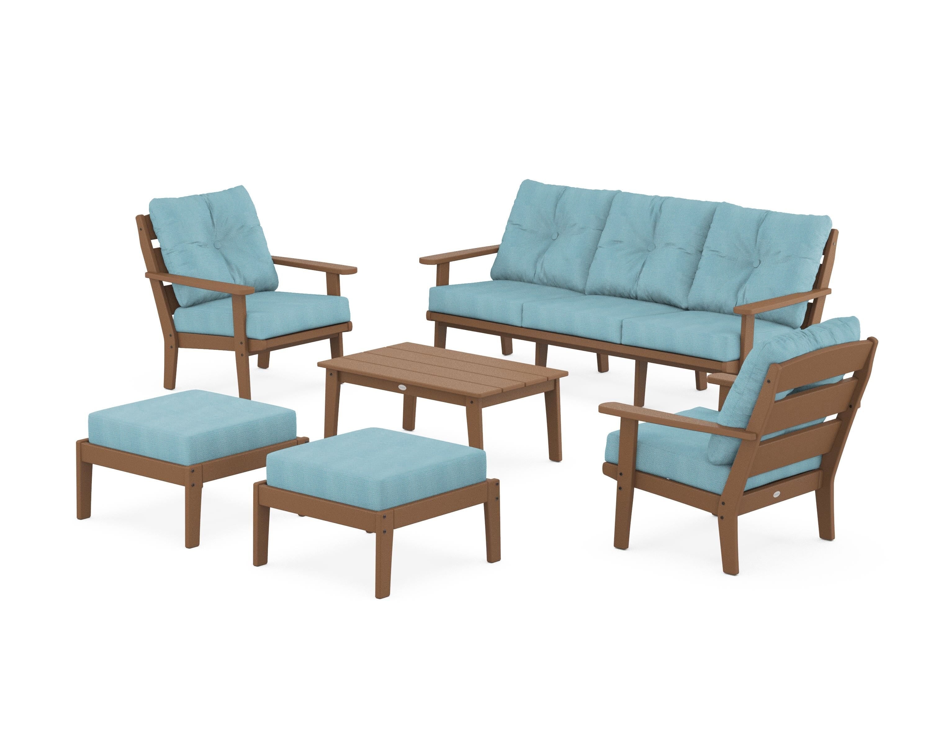 POLYWOOD® Lakeside 6-Piece Lounge Sofa Set in Teak / Lattice Sky Blue