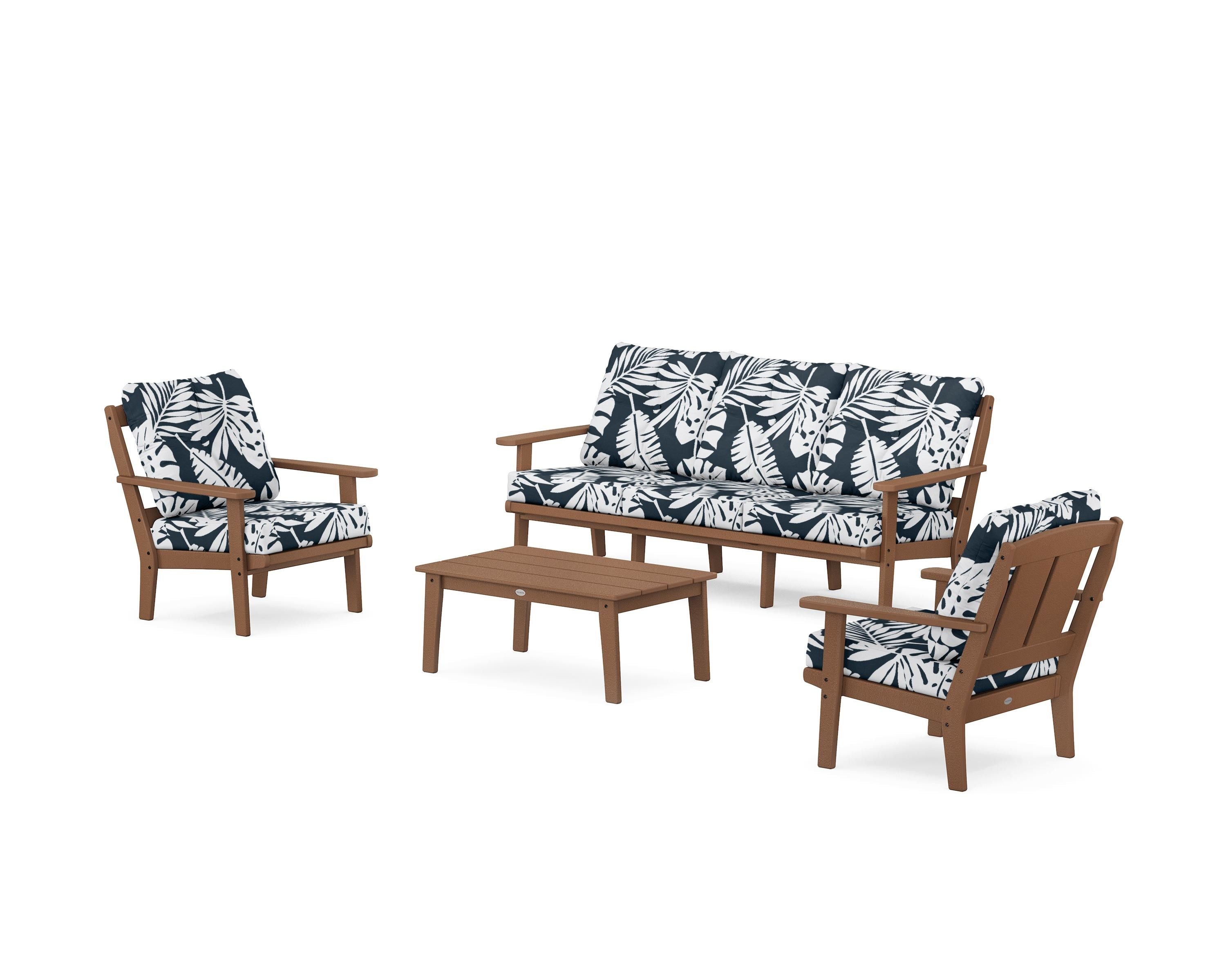 POLYWOOD® Mission 4-Piece Deep Seating Set with Sofa in Teak / Leaf Marine Indigo