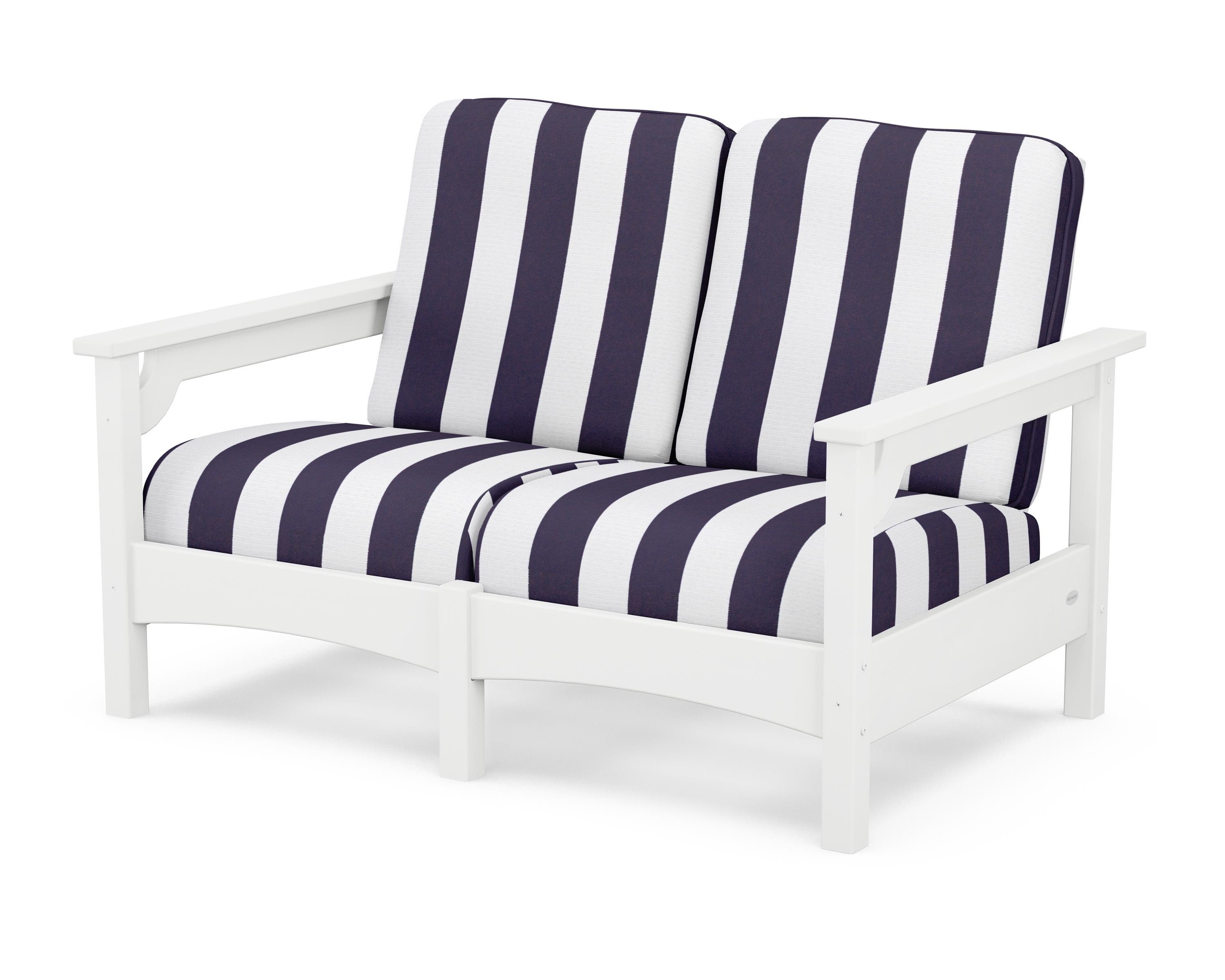 POLYWOOD® Club Loveseat in White / Cabana Stripe Navy