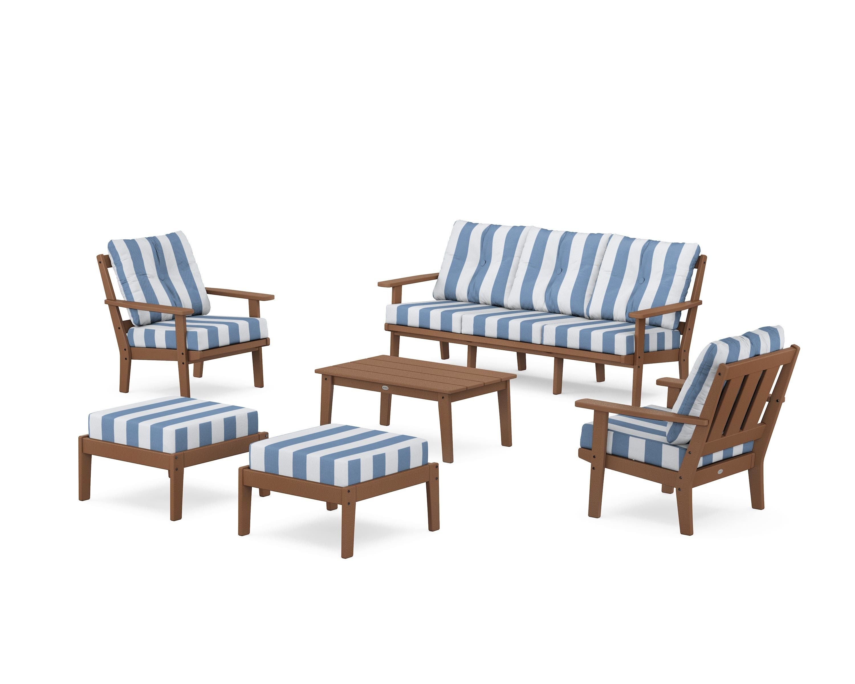 POLYWOOD® Oxford 6-Piece Lounge Sofa Set in Teak / Cabana Stripe Sky Blue