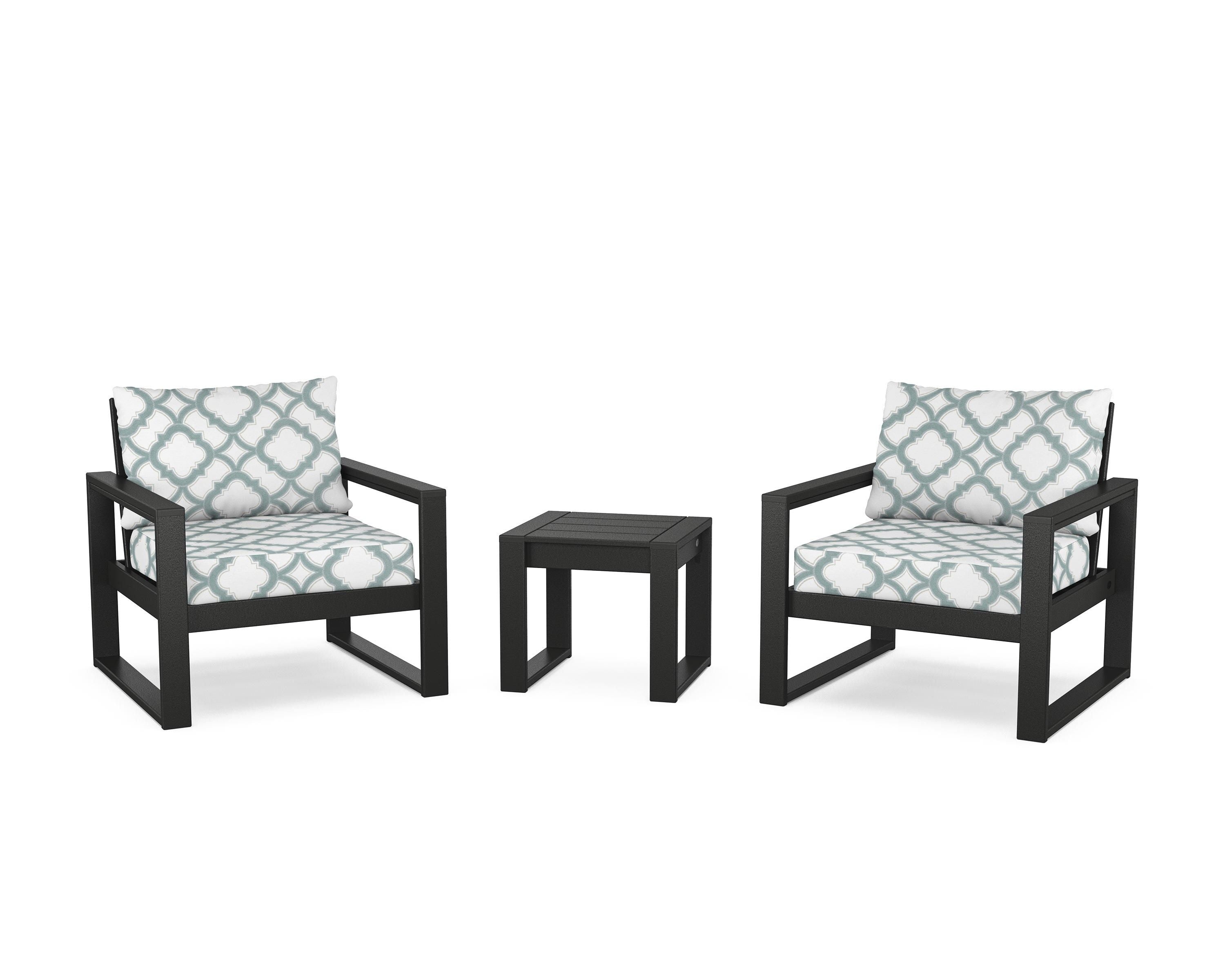POLYWOOD® EDGE Sectional 3-Piece Deep Seating Set in Black / Trellis Glacier Spa
