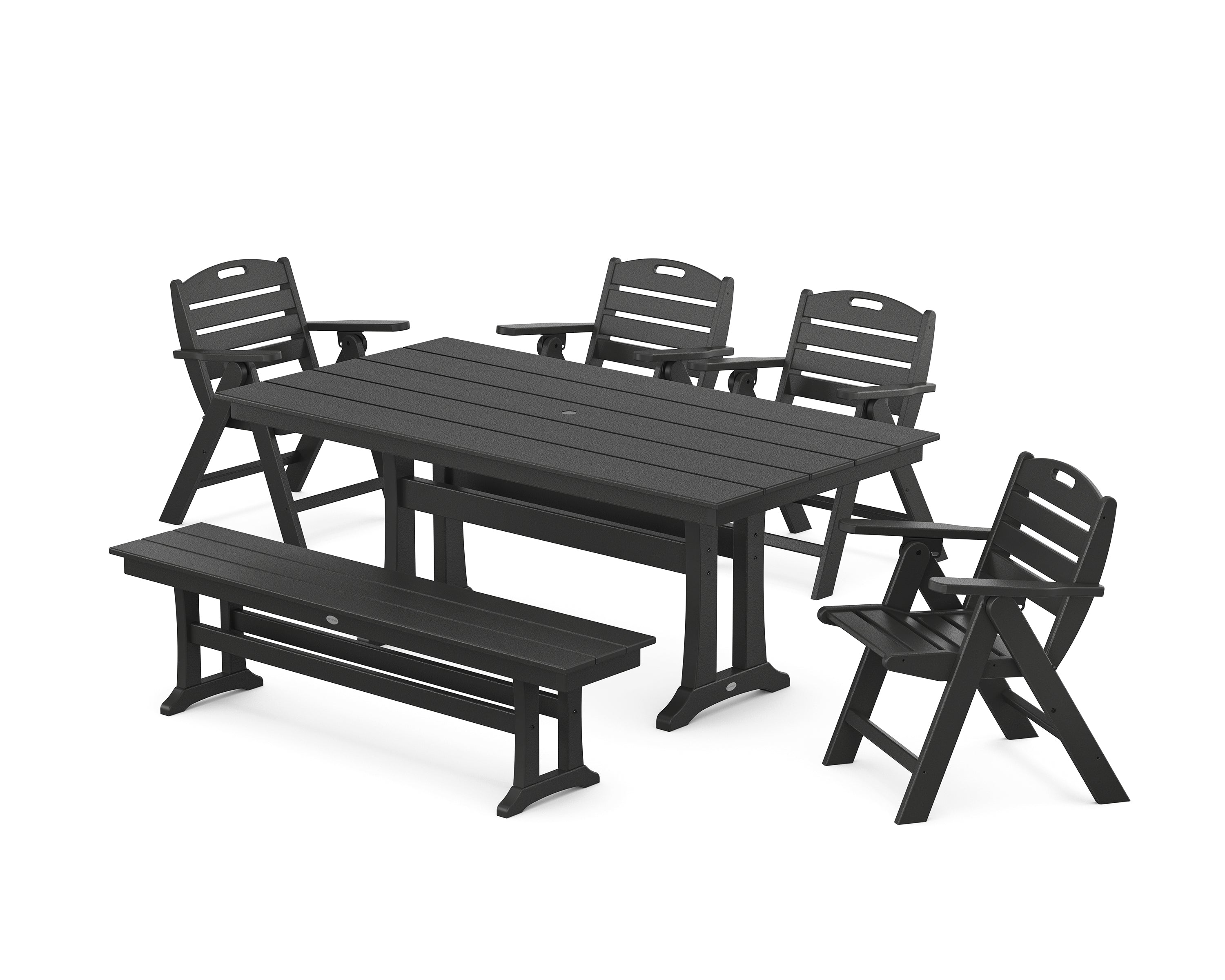 POLYWOOD® Nautical Lowback 6-Piece Farmhouse Dining Set with Trestle Legs and Bench in Black