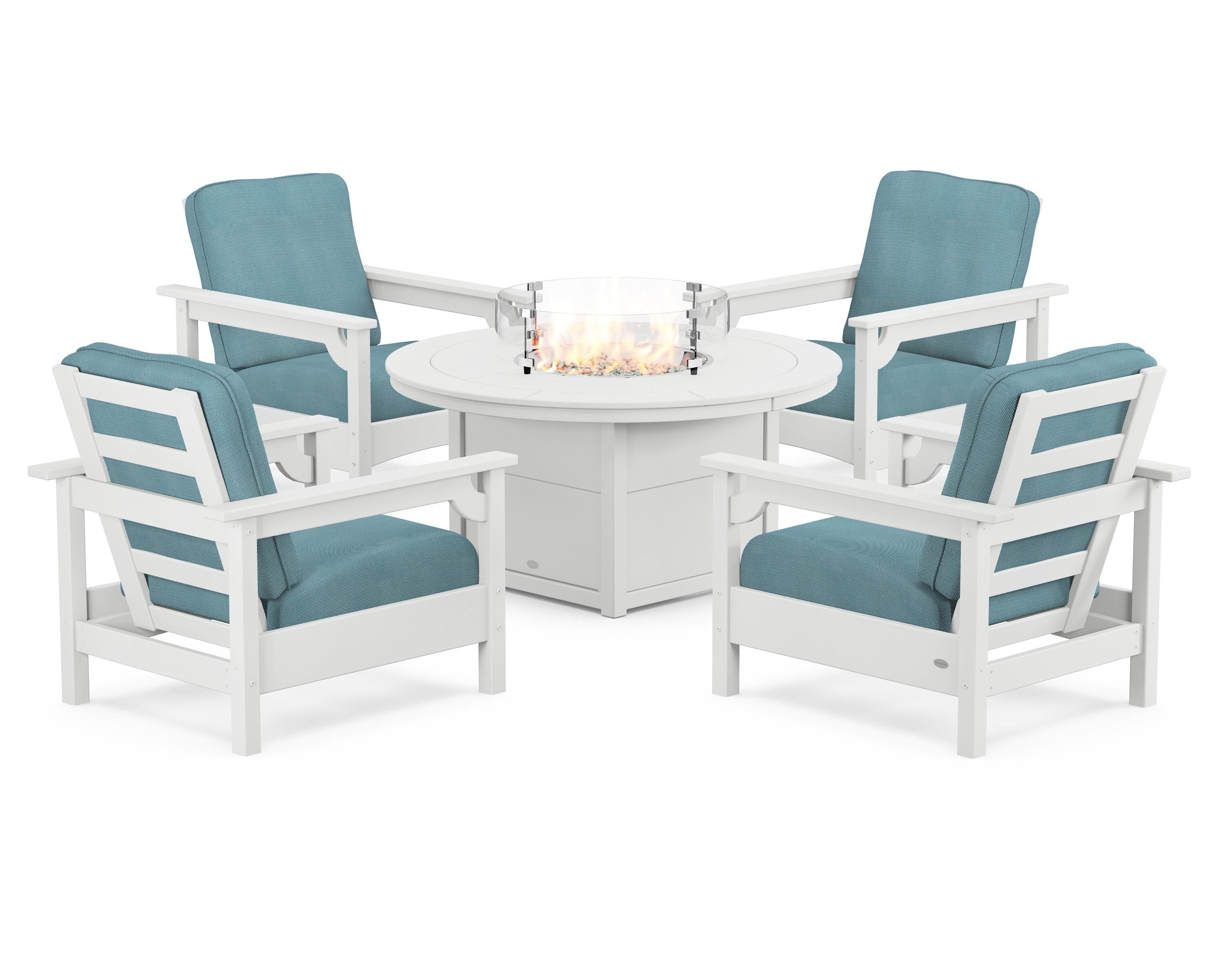 POLYWOOD® Club 5-Piece Conversation Set with Fire Pit Table in White / Lattice Sky Blue