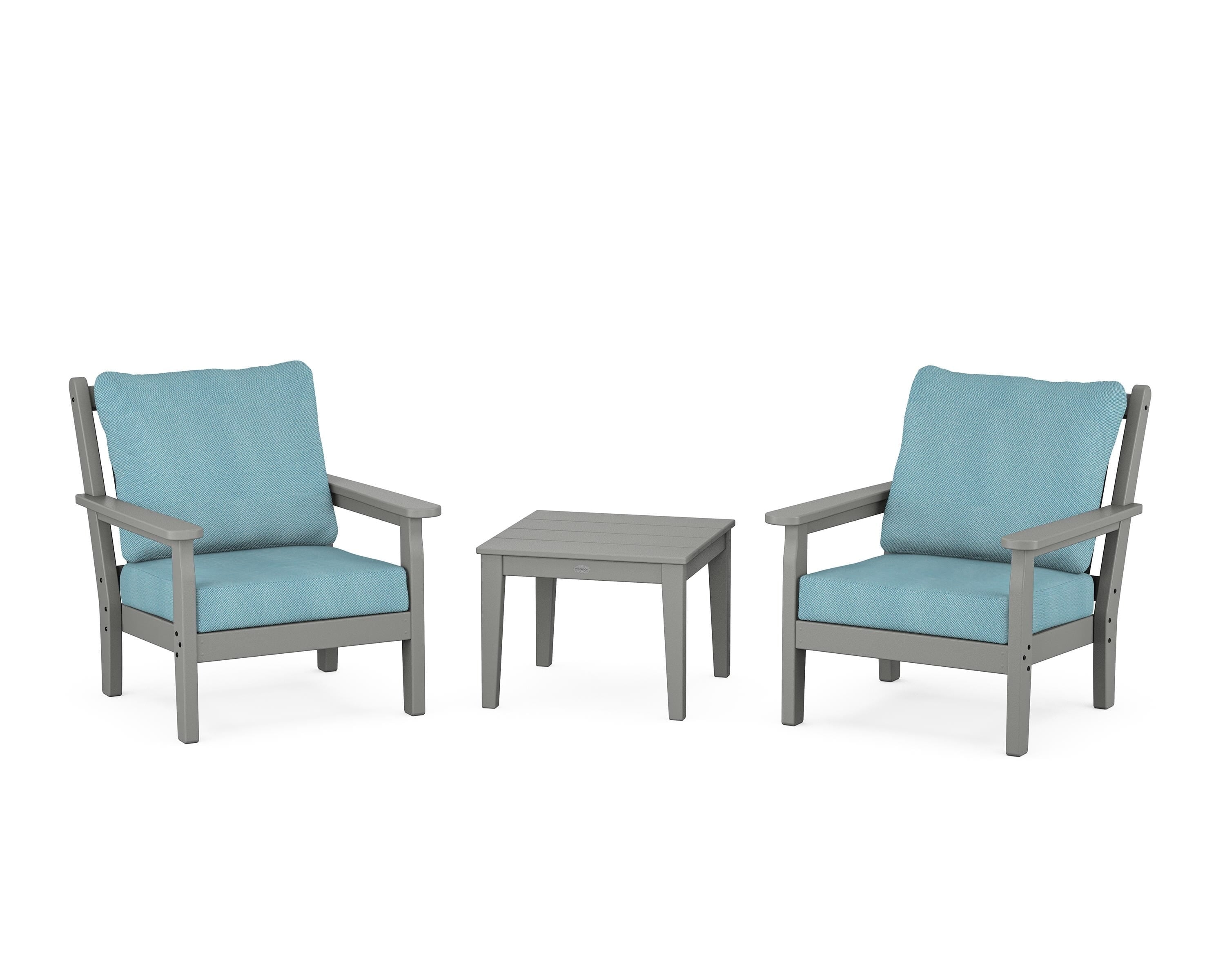 POLYWOOD® Chippendale 3-Piece Deep Seating Set in Slate Grey / Lattice Sky Blue