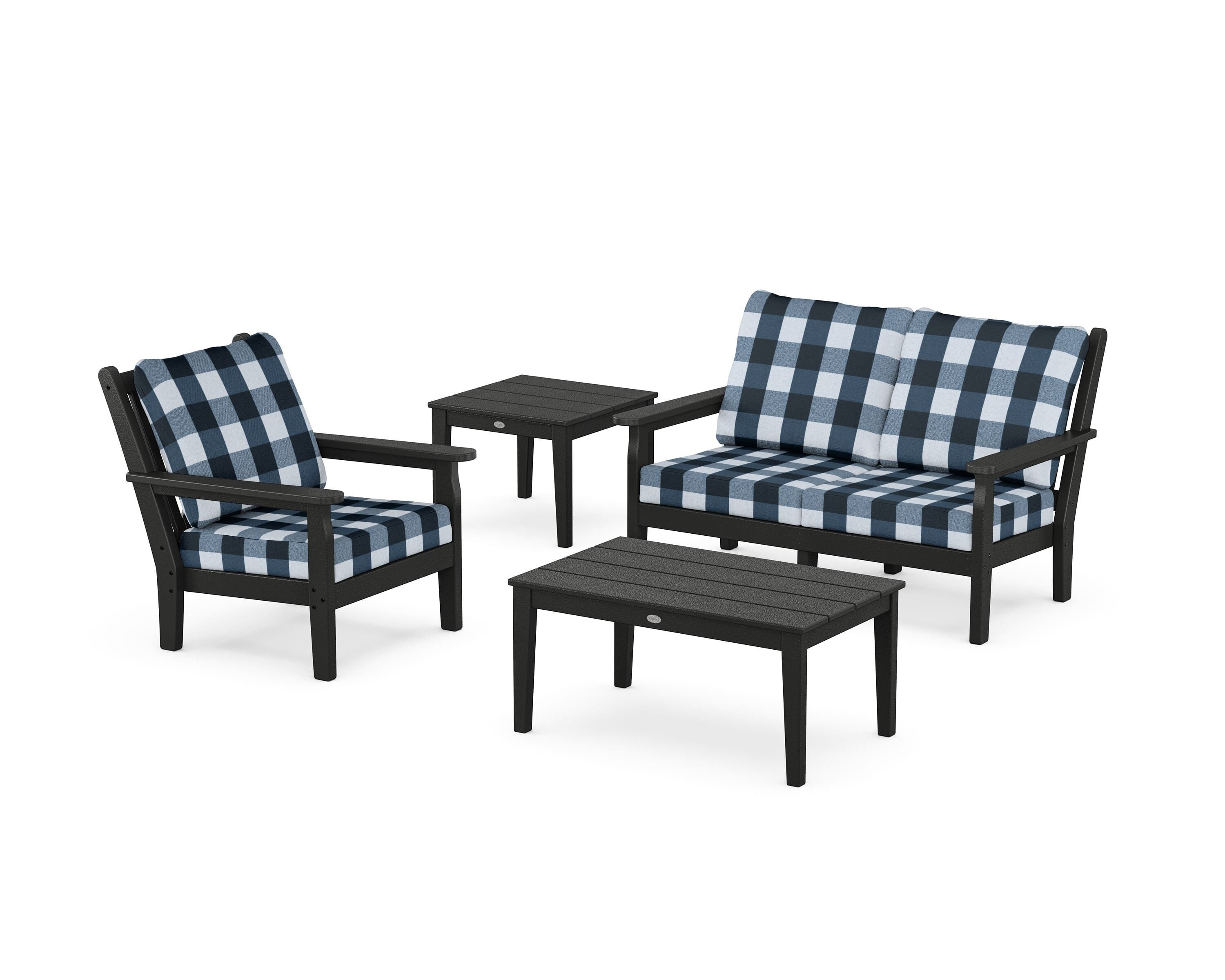 POLYWOOD® Chippendale 4-Piece Deep Seating Set in Black / Buffalo Plaid Marine Indigo