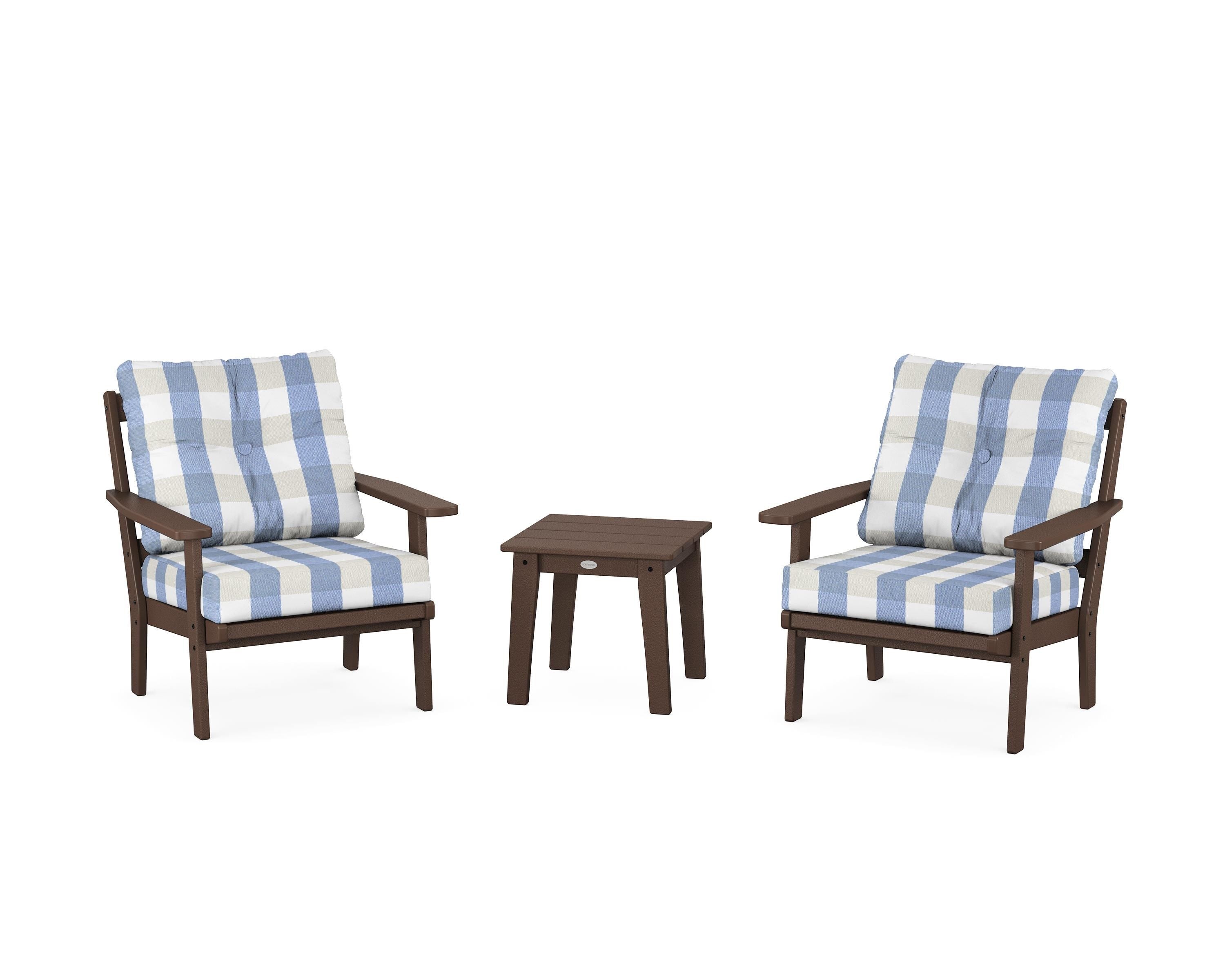 POLYWOOD® Prairie 3-Piece Deep Seating Set in Mahogany / Buffalo Plaid Sky Blue