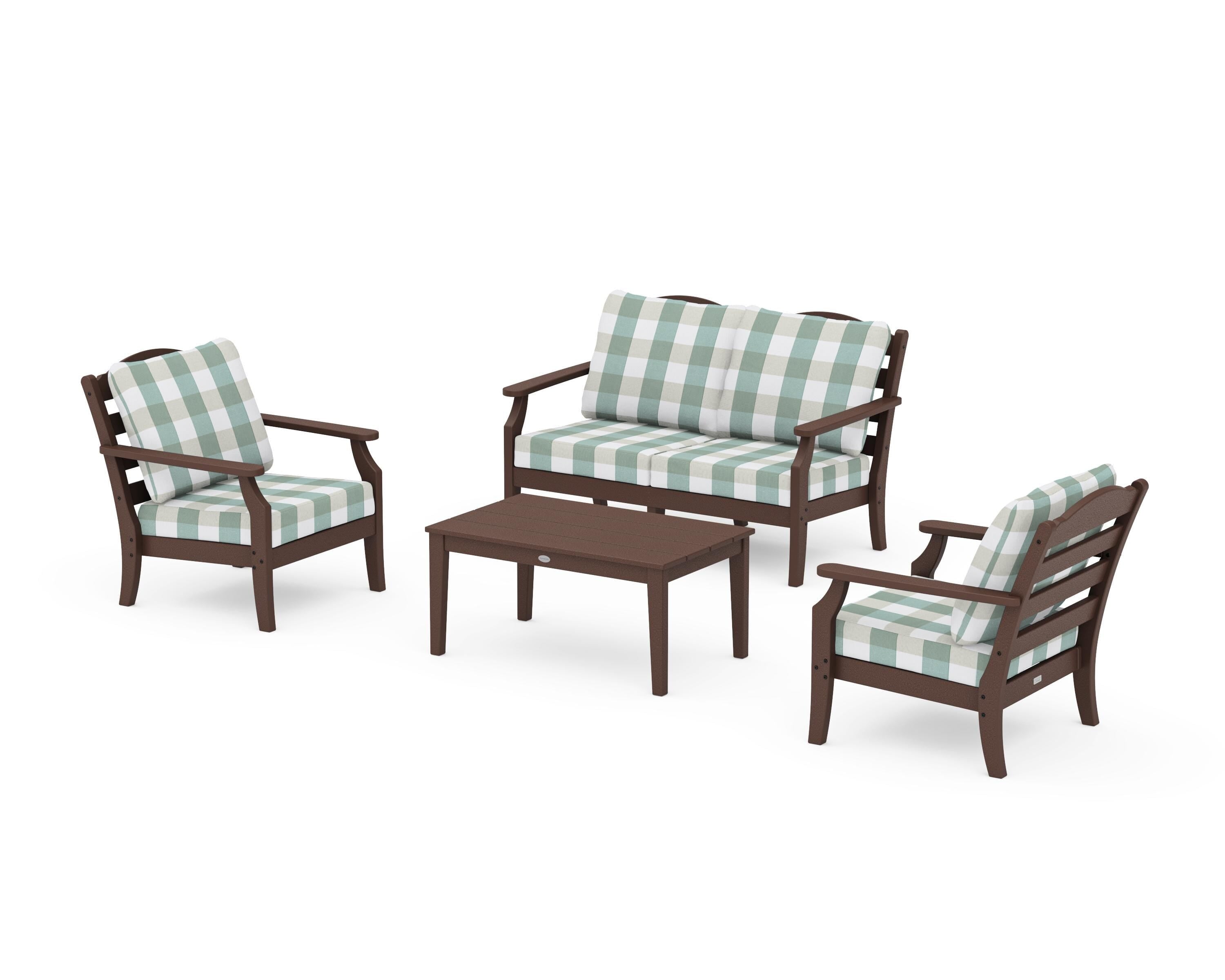 Draper James™ by POLYWOOD® Savannah 4-Piece Deep Seating Set with Loveseat in Mahogany / Buffalo Plaid Glacier Spa