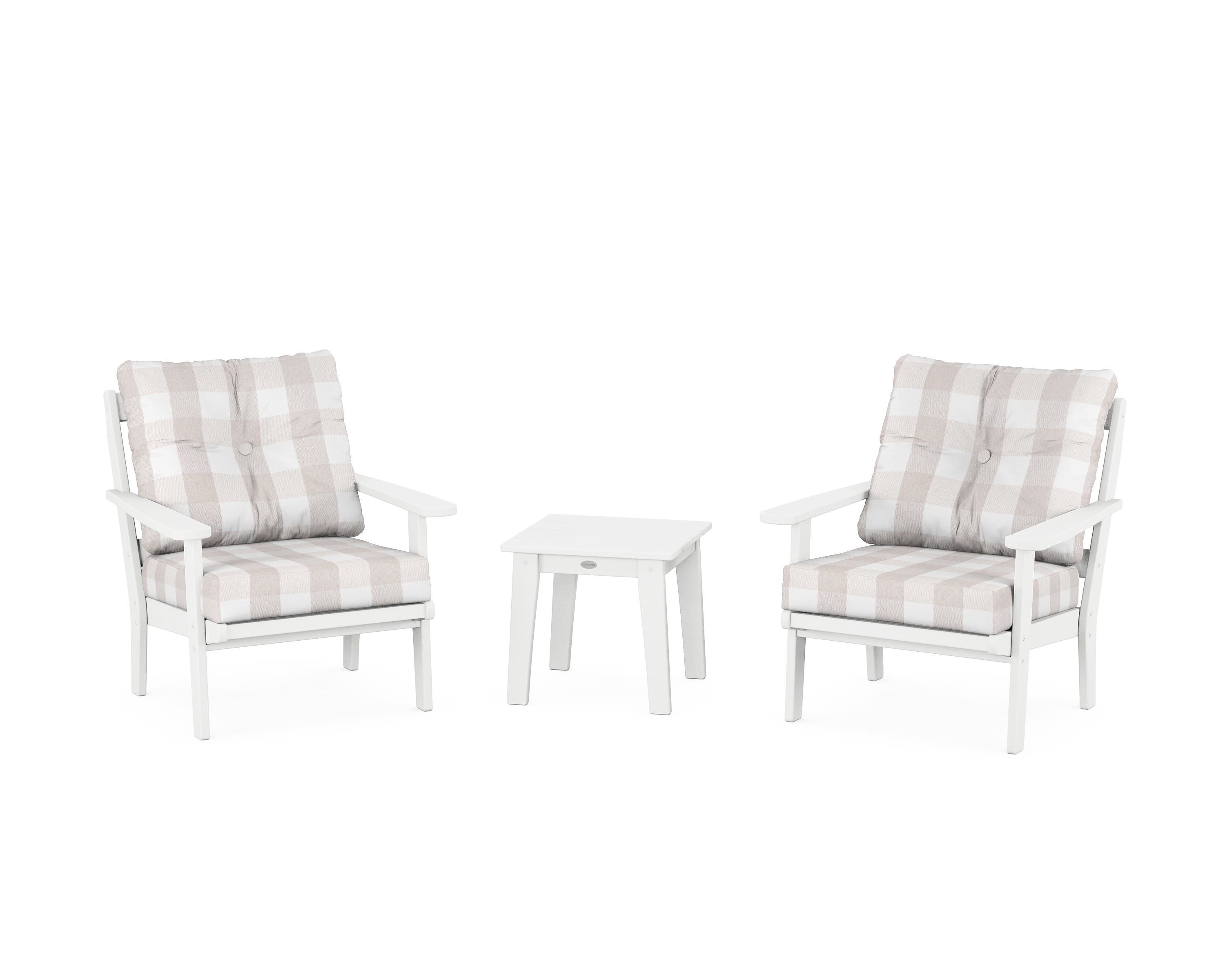 POLYWOOD® Mission 3-Piece Deep Seating Set in White / Buffalo Plaid Dune Burlap