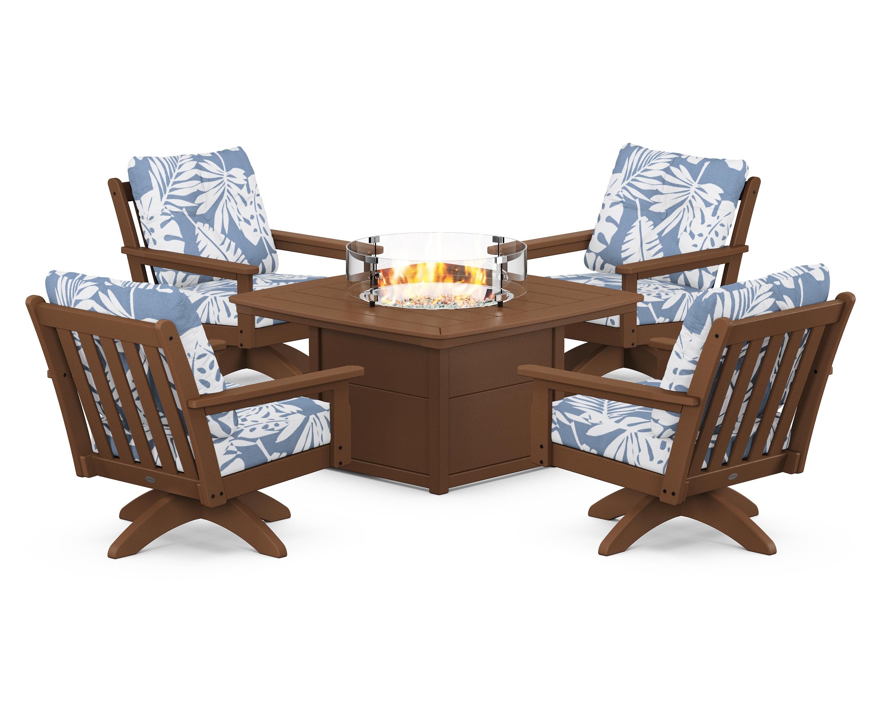 POLYWOOD® Vineyard 5-Piece Deep Seating Swivel Conversation Set with Fire Pit Table in Teak / Leaf Sky Blue