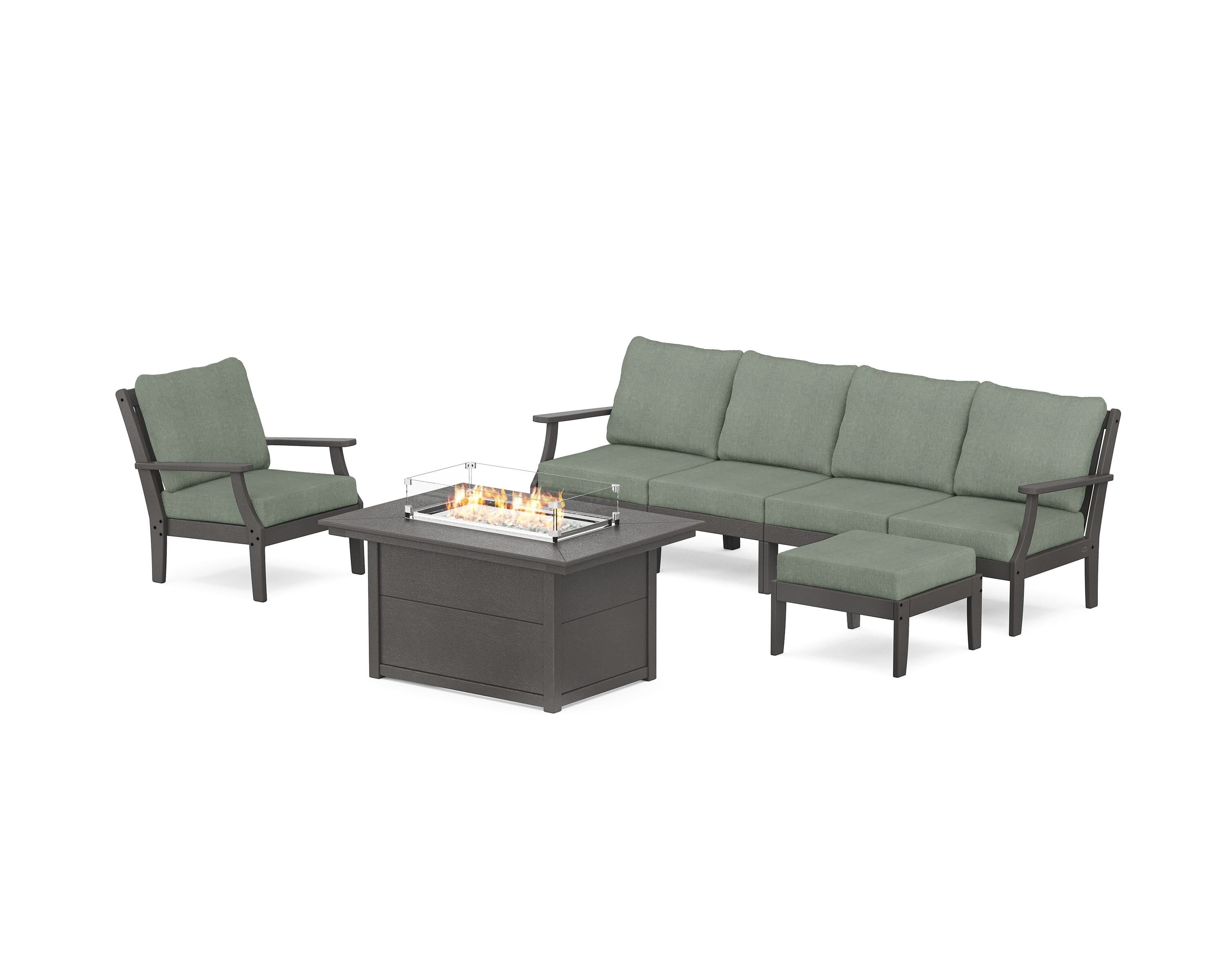 POLYWOOD® Braxton Sectional Lounge and Fire Pit Set in Vintage Coffee / Cast Sage