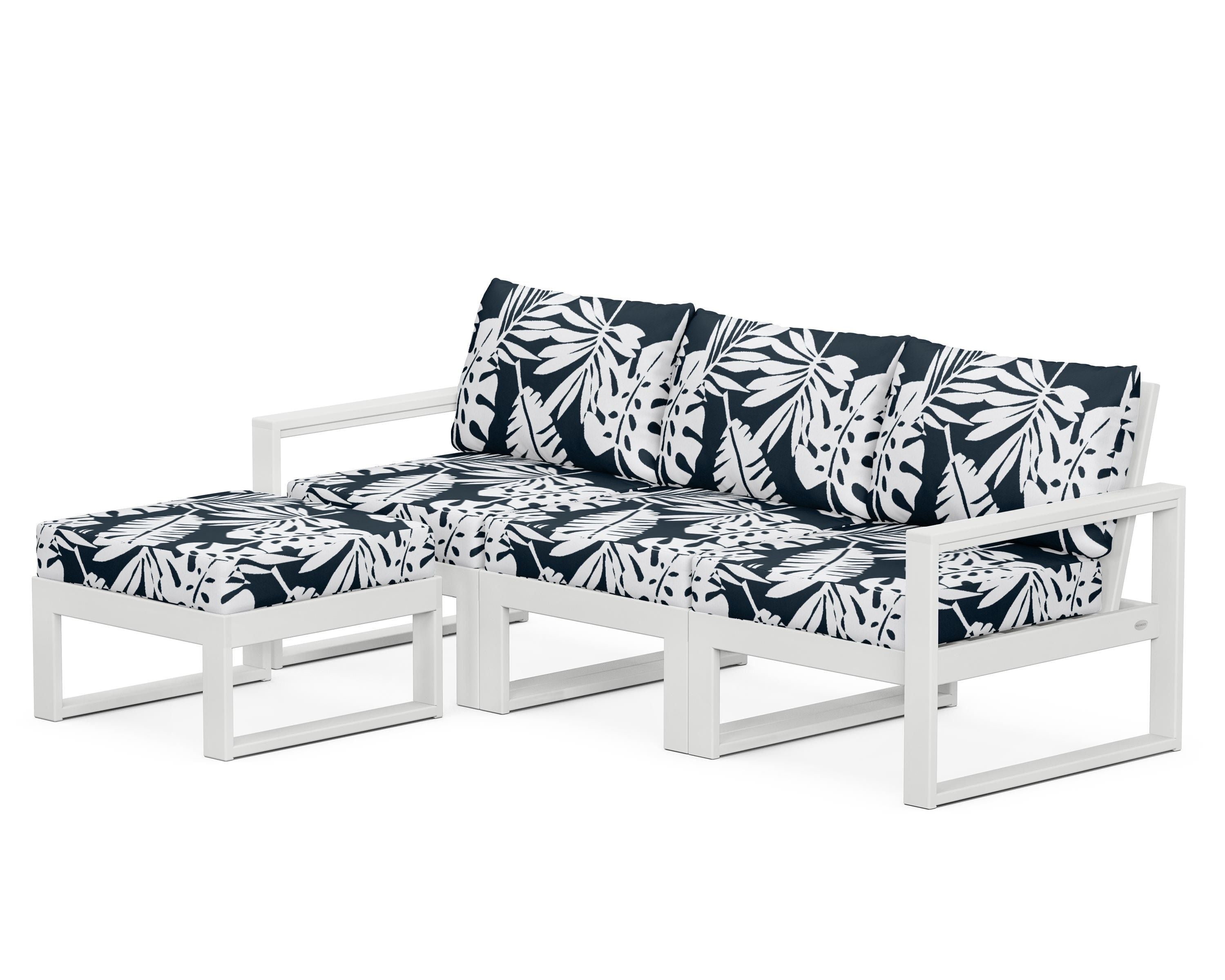 POLYWOOD® EDGE 4-Piece Modular Deep Seating Set with Ottoman in White / Leaf Marine Indigo