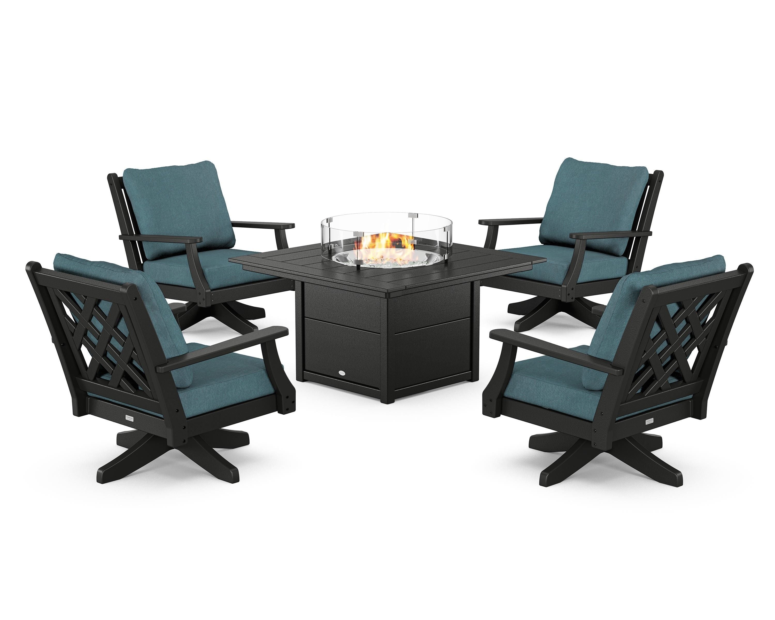 Country Living Wovendale 5-Piece Deep Seating Swivel Conversation Set with Fire Pit Table in Black / Ocean Teal