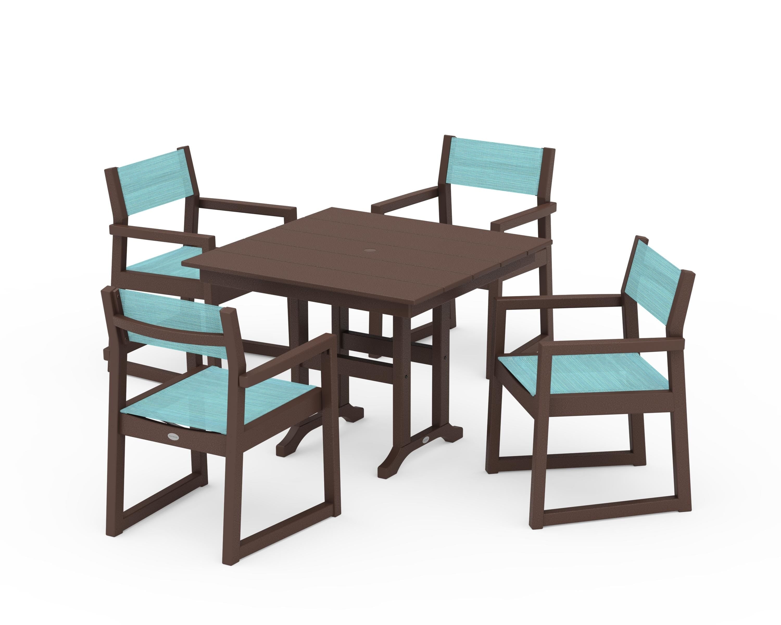 POLYWOOD® EDGE Sling Arm Chair 5-Piece Farmhouse Dining Set in Mahogany / Dupioni Aquamarine Sling
