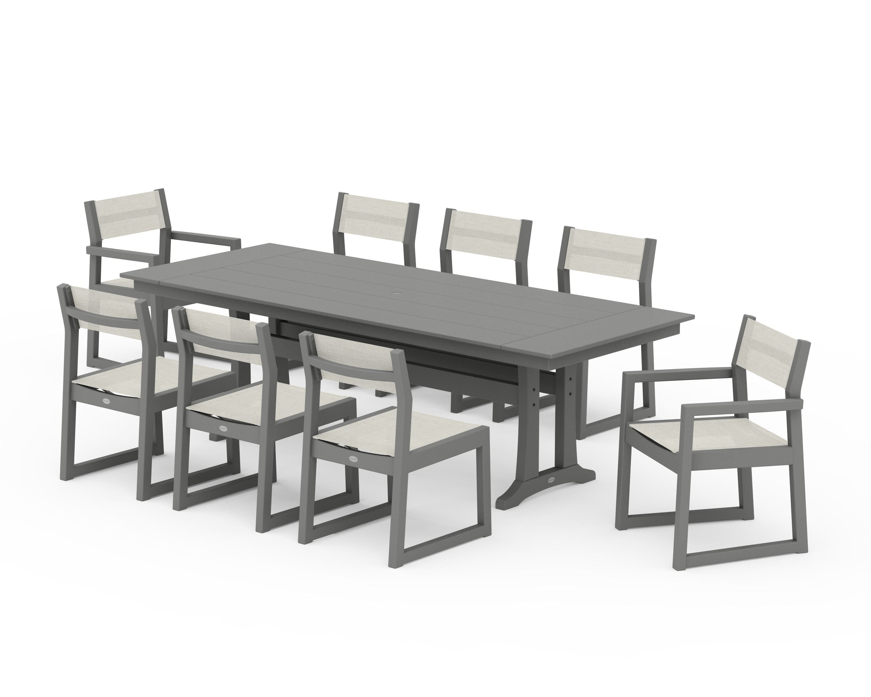 POLYWOOD® EDGE Sling 9-Piece Farmhouse Trestle Dining Set in Slate Grey / Parchment Sling