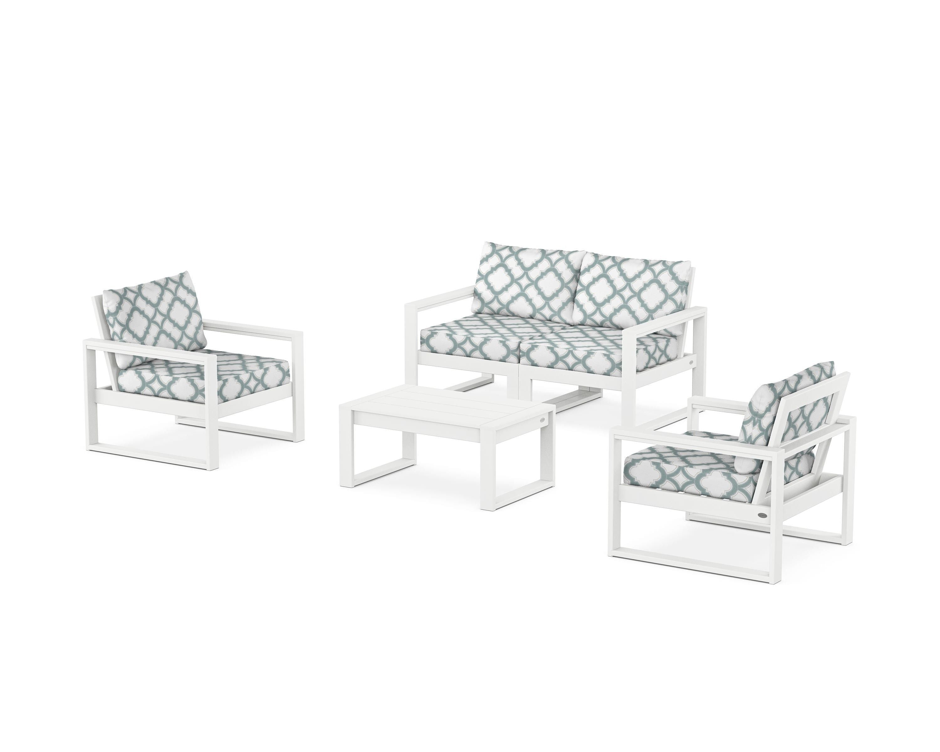POLYWOOD® EDGE Sectional 4-Piece Deep Seating Set with Loveseat in White / Trellis Glacier Spa