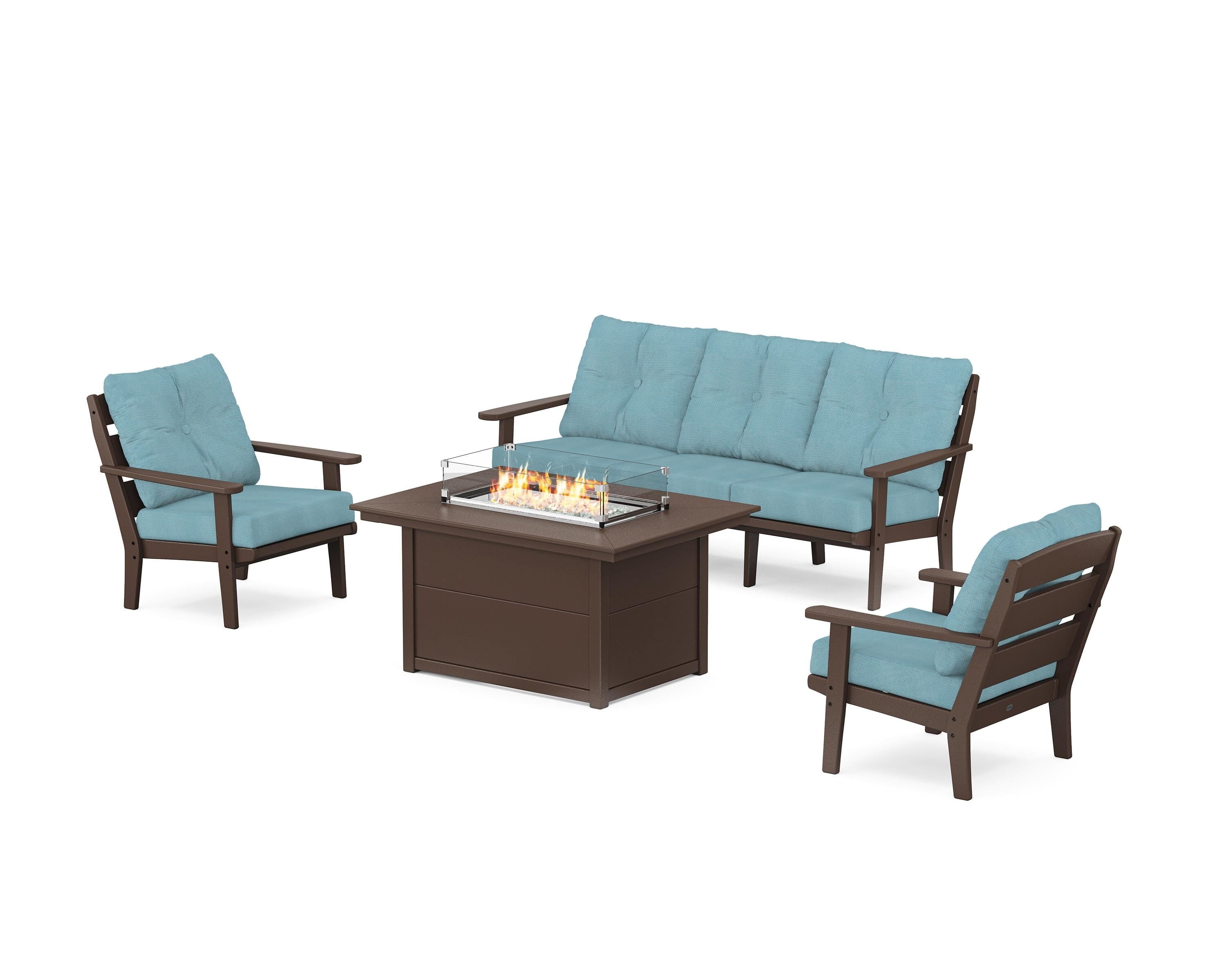 POLYWOOD® Lakeside Deep Seating Fire Pit Table Set in Mahogany / Lattice Sky Blue
