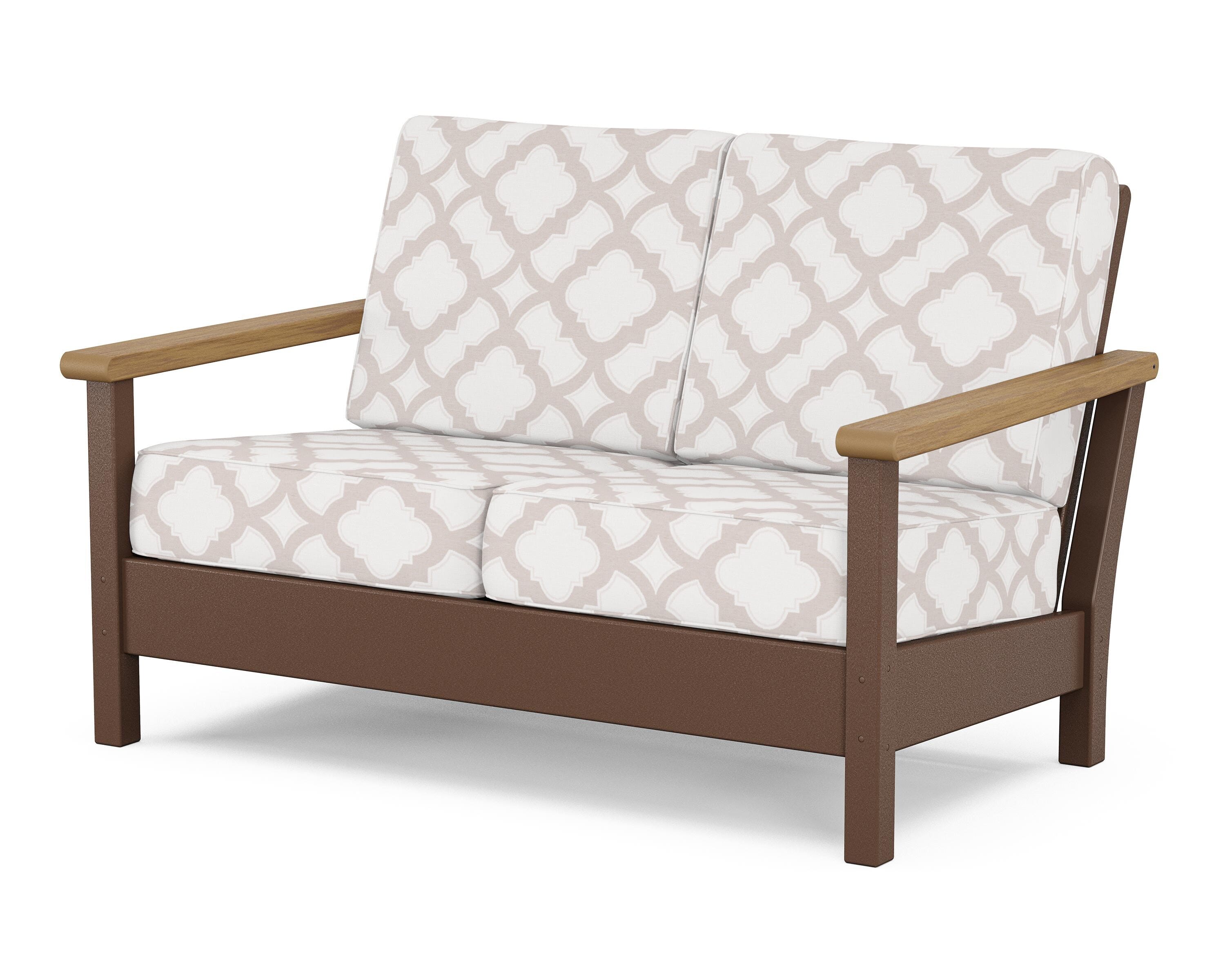 POLYWOOD® Harbour Deep Seating Loveseat in Mahogany / Natural / Trellis Dune Burlap
