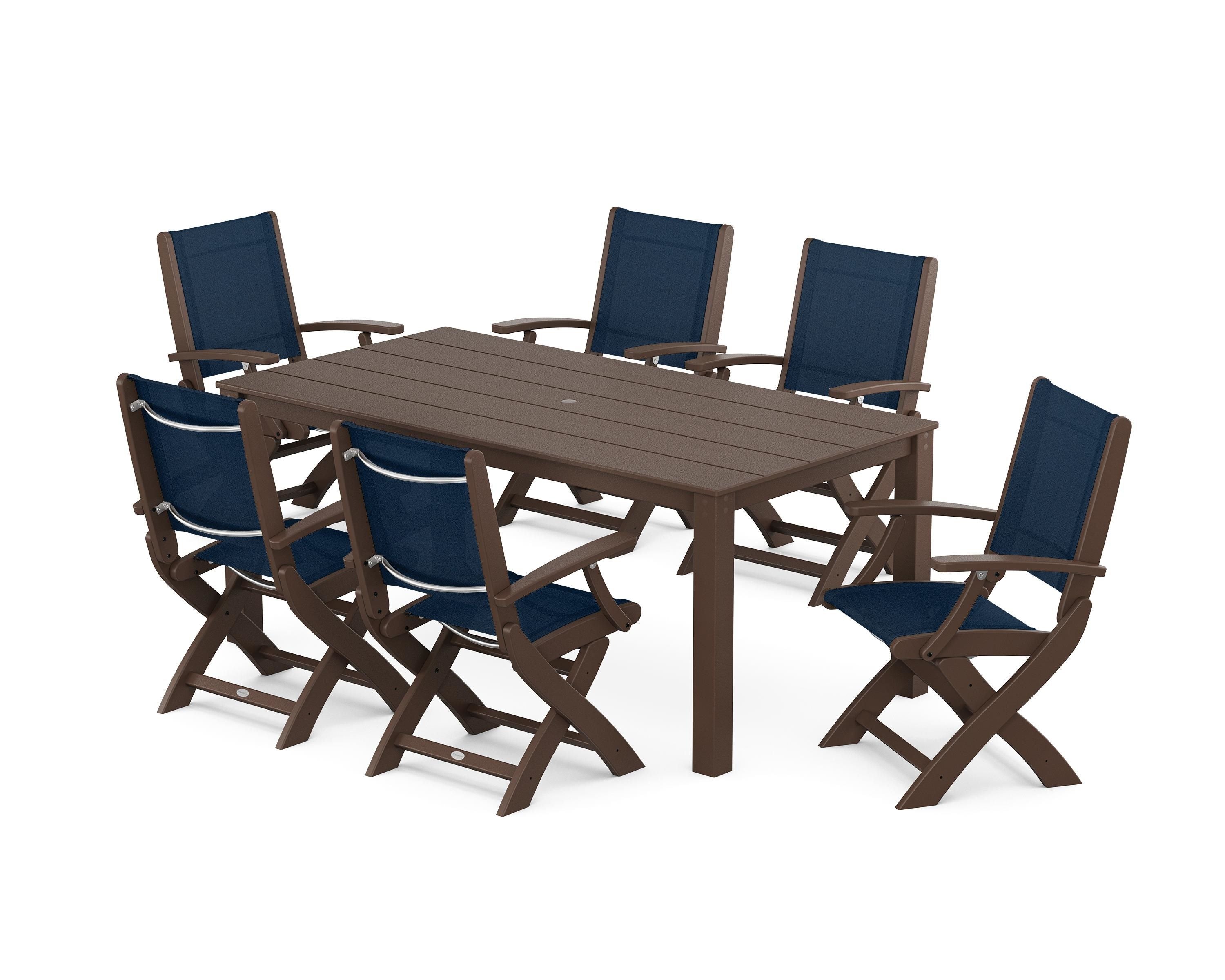 POLYWOOD® Coastal Folding Chair 7-Piece Parsons Dining Set in Mahogany / Navy Blue Sling