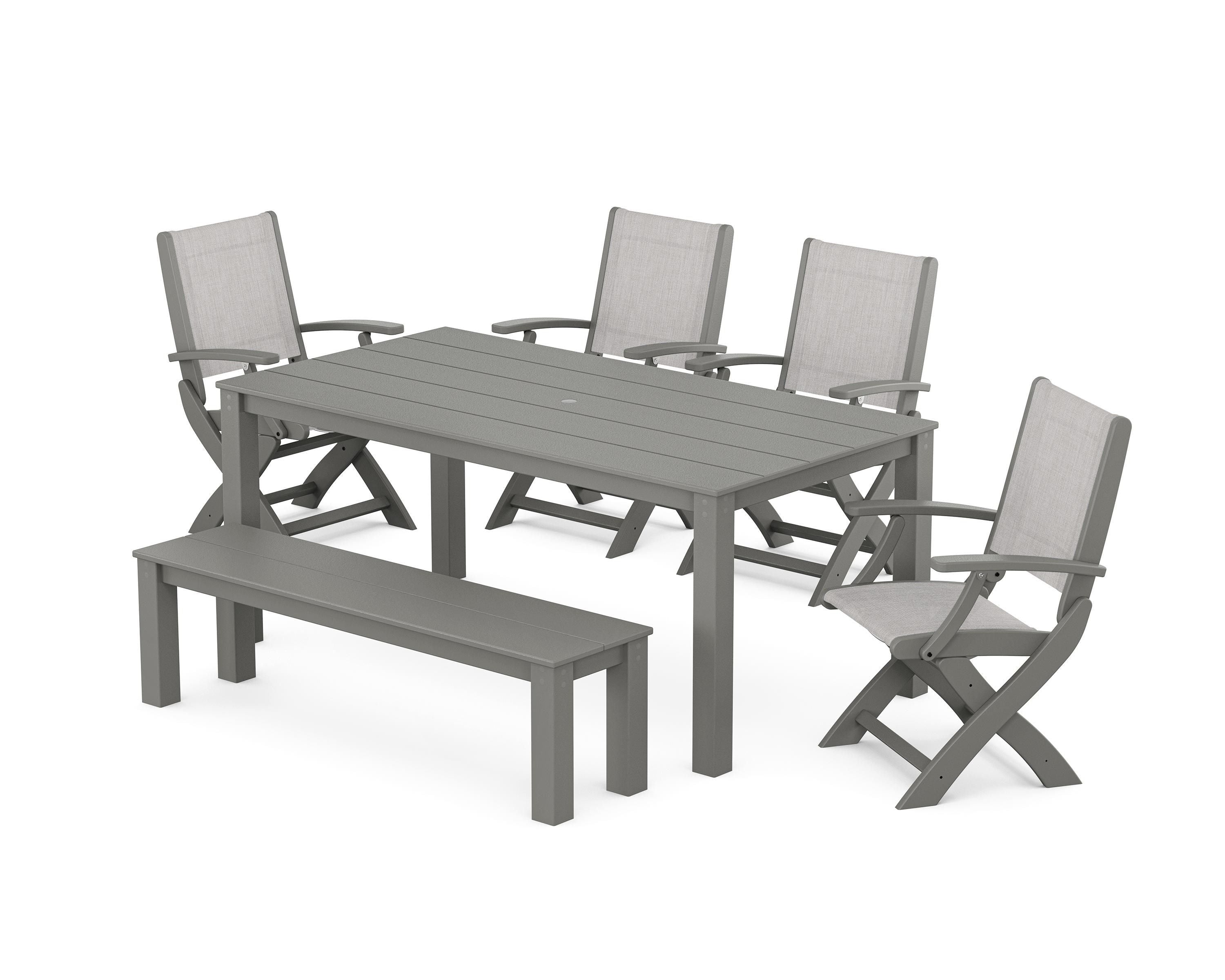 POLYWOOD® Coastal Folding Chair 6-Piece Parsons Dining Set with Bench in White / Dupioni Sea Mist Sling