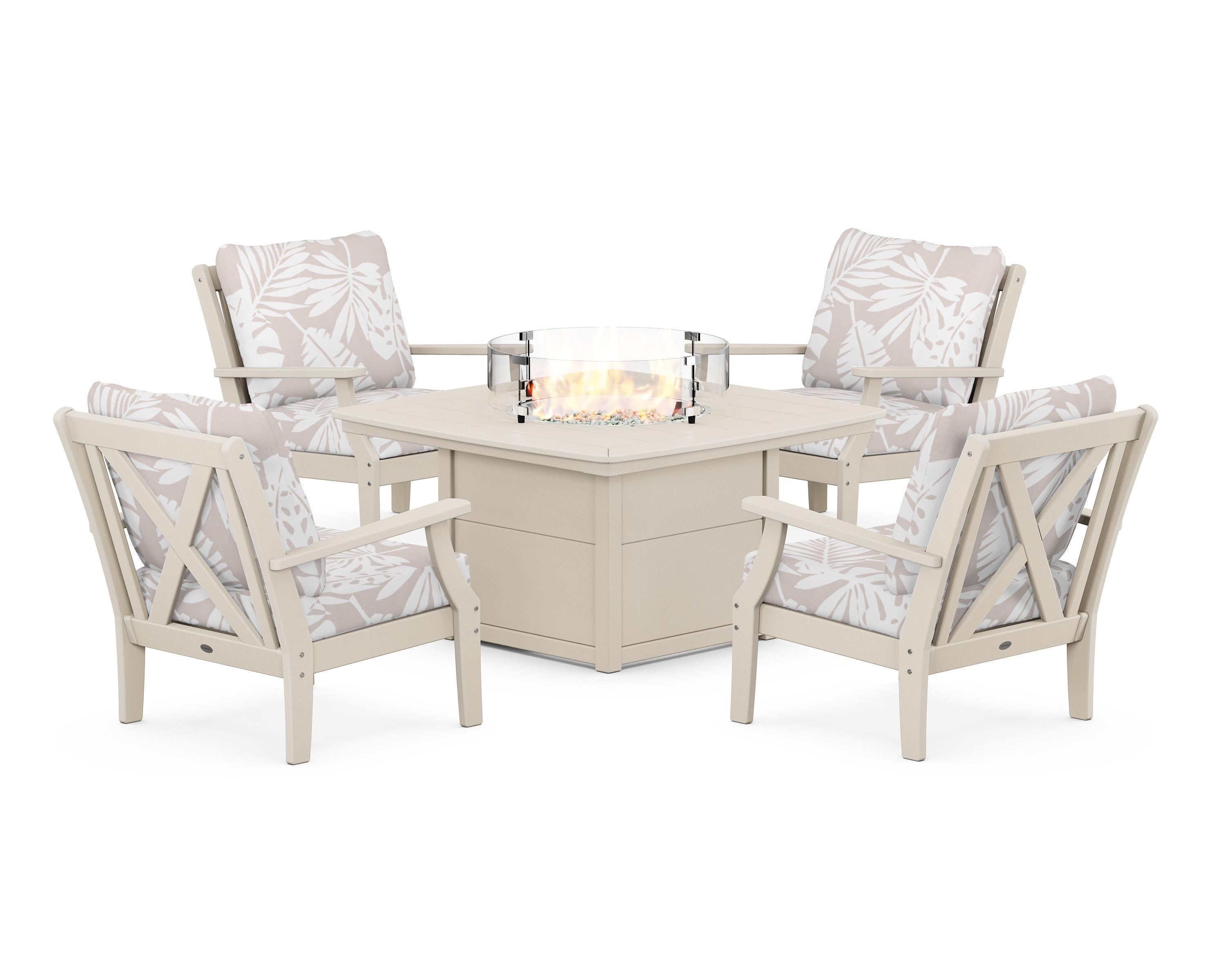 POLYWOOD® Braxton 5-Piece Deep Seating Conversation Set with Fire Pit Table in Sand / Leaf Dune Burlap