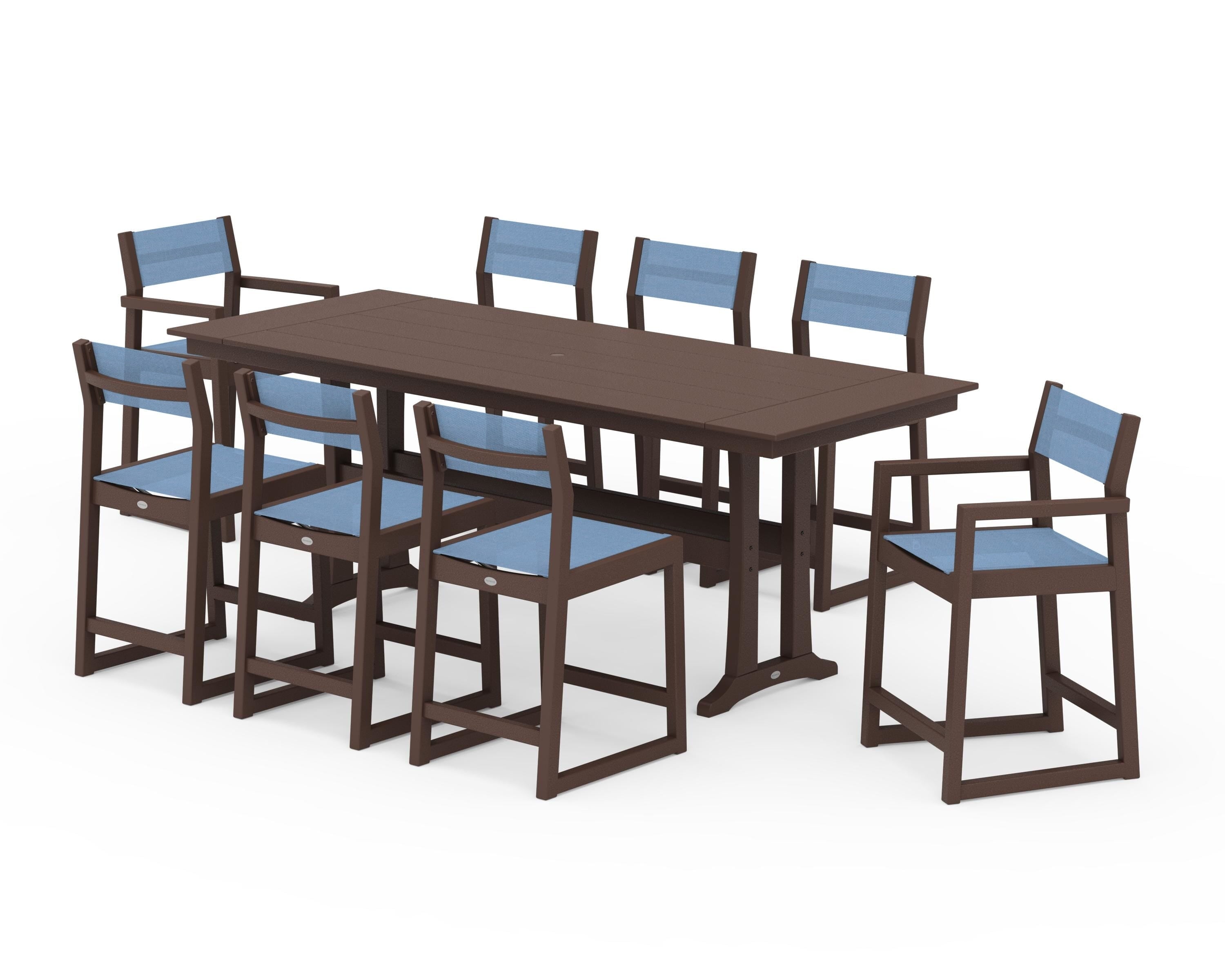 POLYWOOD® EDGE Sling 9-Piece Farmhouse Counter Set with Trestle Legs in Mahogany / Poolside Sling