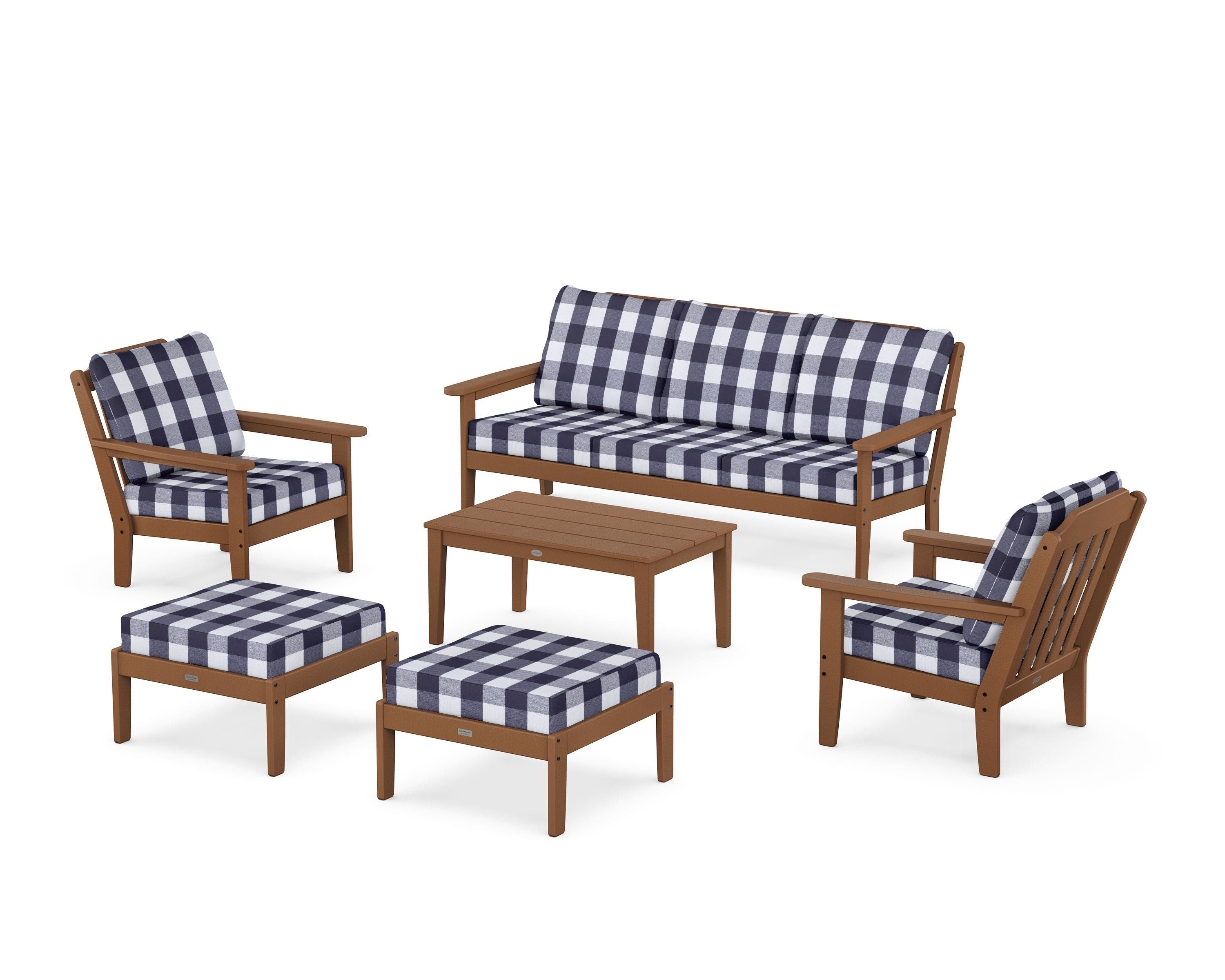 Country Living Cottage 6-Piece Lounge Sofa Set in Teak / Buffalo Plaid Navy