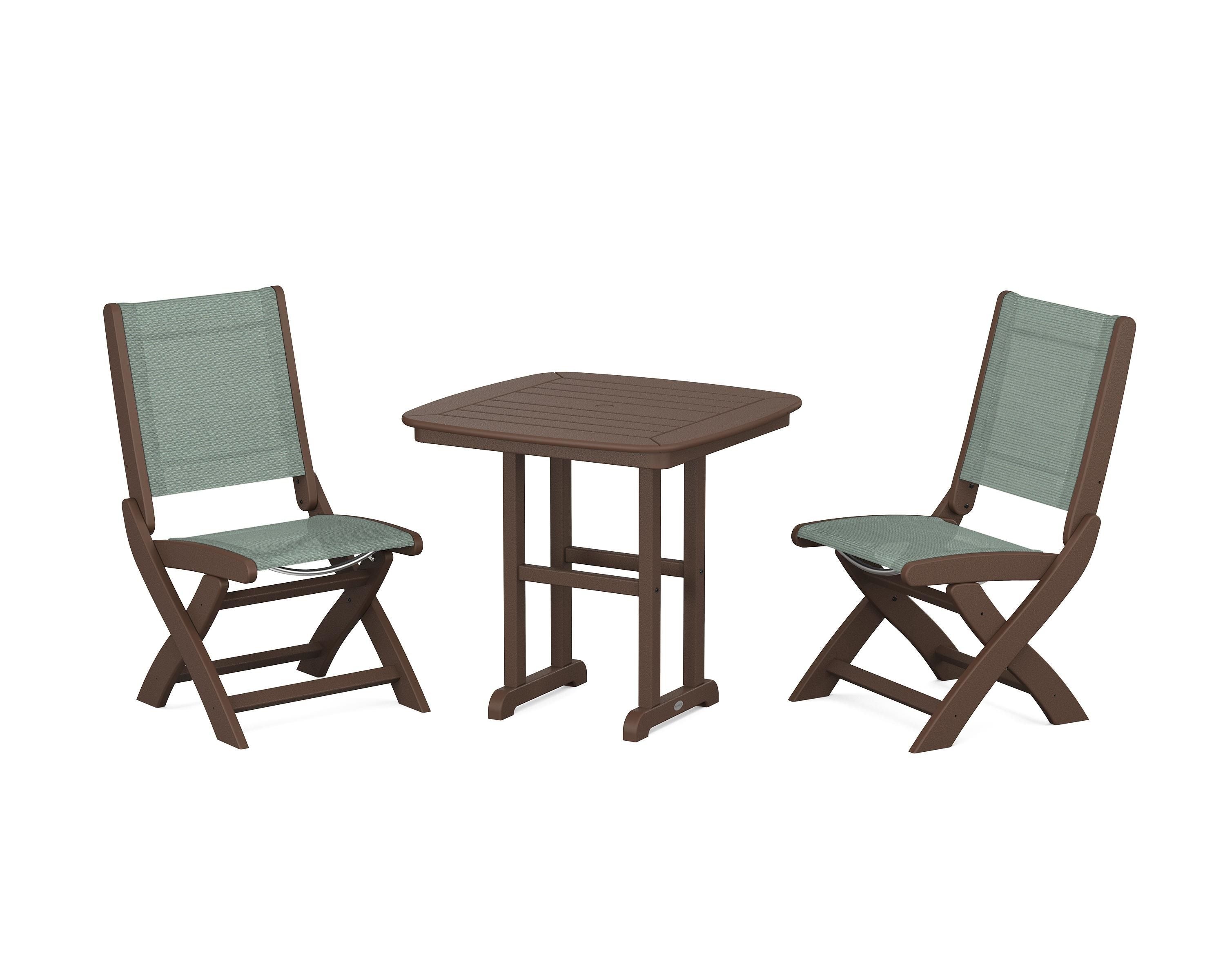 POLYWOOD® Coastal Folding Side Chair 3-Piece Dining Set in Mahogany / Dupioni Sea Mist Sling