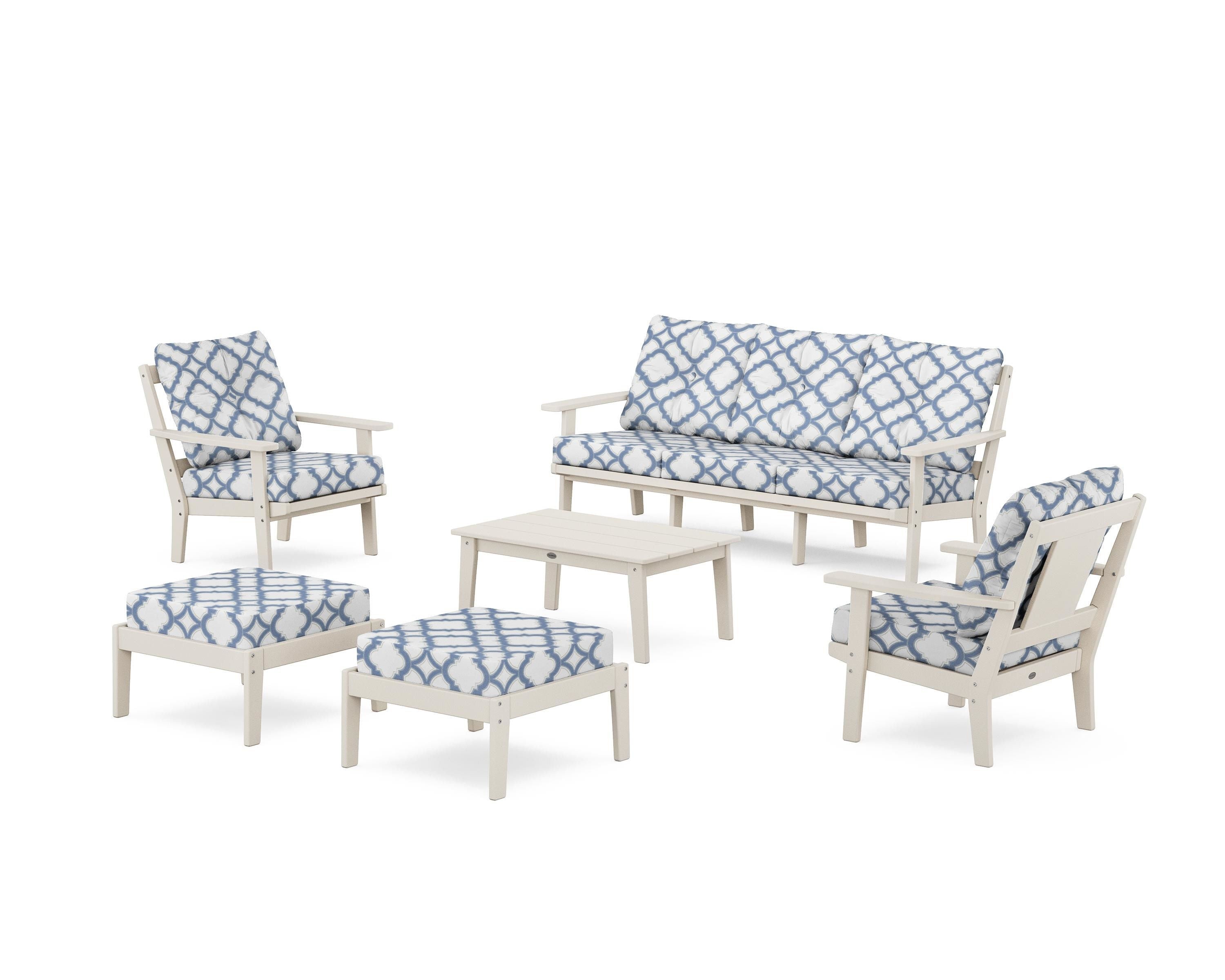 POLYWOOD® Prairie 6-Piece Lounge Sofa Set in Sand / Trellis Sky Blue
