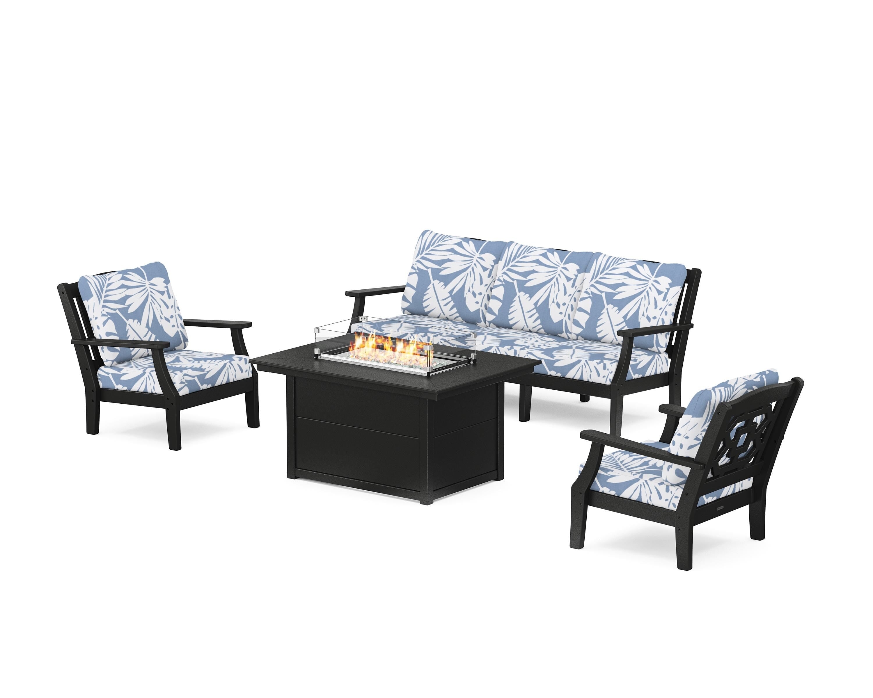 Martha Stewart by POLYWOOD® Chinoiserie Deep Seating Fire Pit Table Set in Black / Leaf Sky Blue