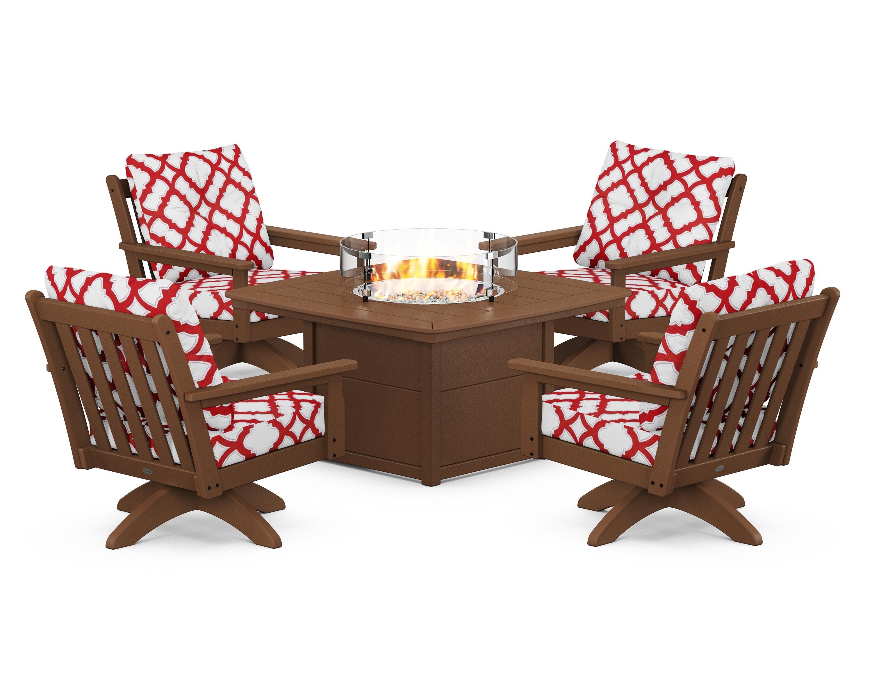 POLYWOOD® Vineyard 5-Piece Deep Seating Swivel Conversation Set with Fire Pit Table in Teak / Trellis Crimson