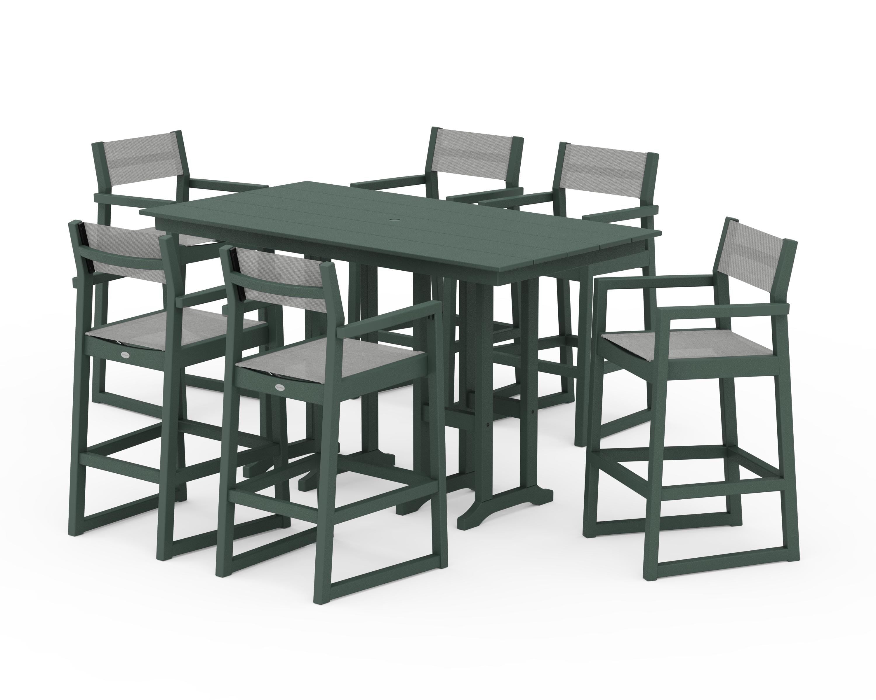 POLYWOOD® EDGE Sling Arm Chair 7-Piece Farmhouse Bar Set in Green / Metallic Sling