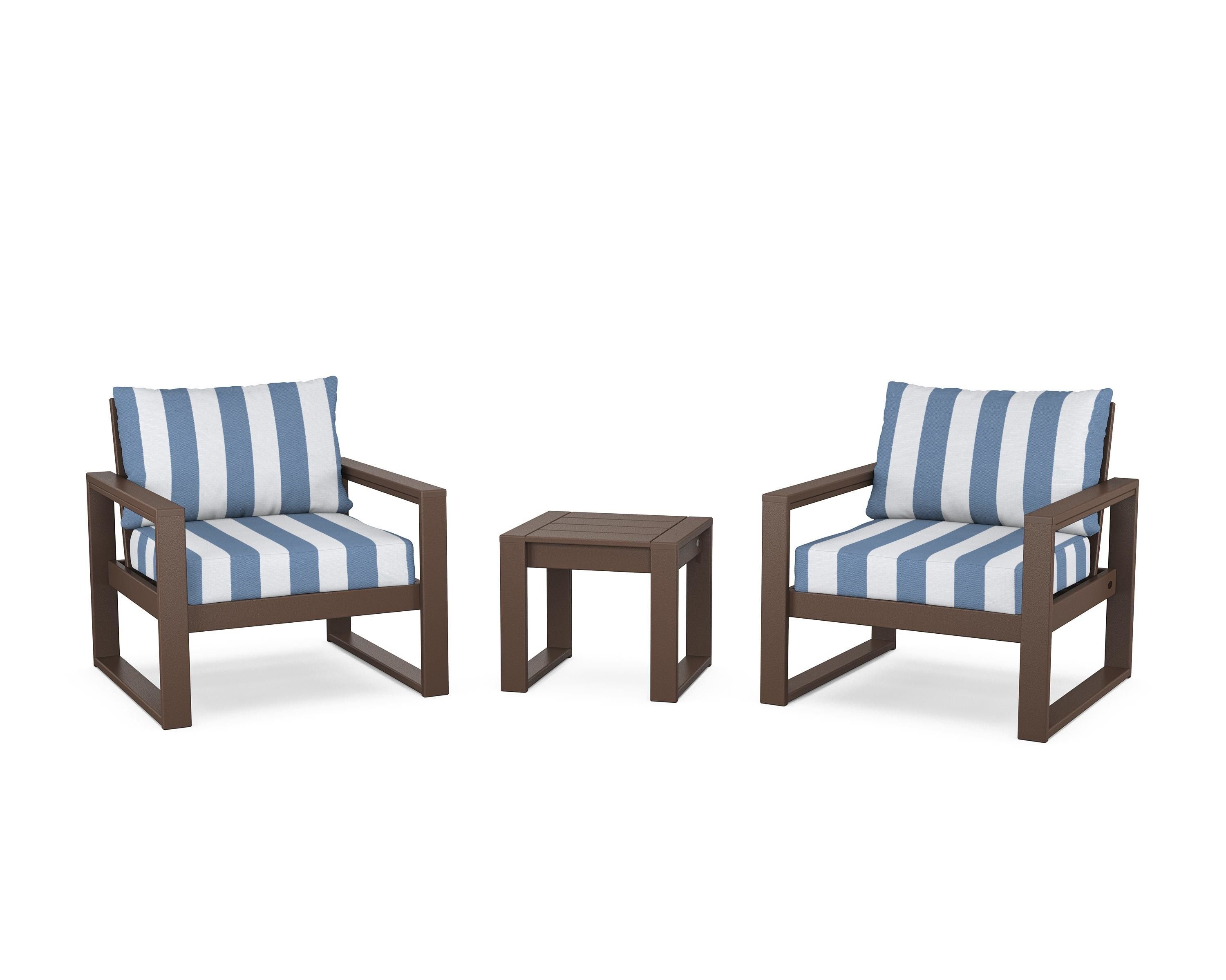 POLYWOOD® EDGE Sectional 3-Piece Deep Seating Set in Mahogany / Cabana Stripe Sky Blue