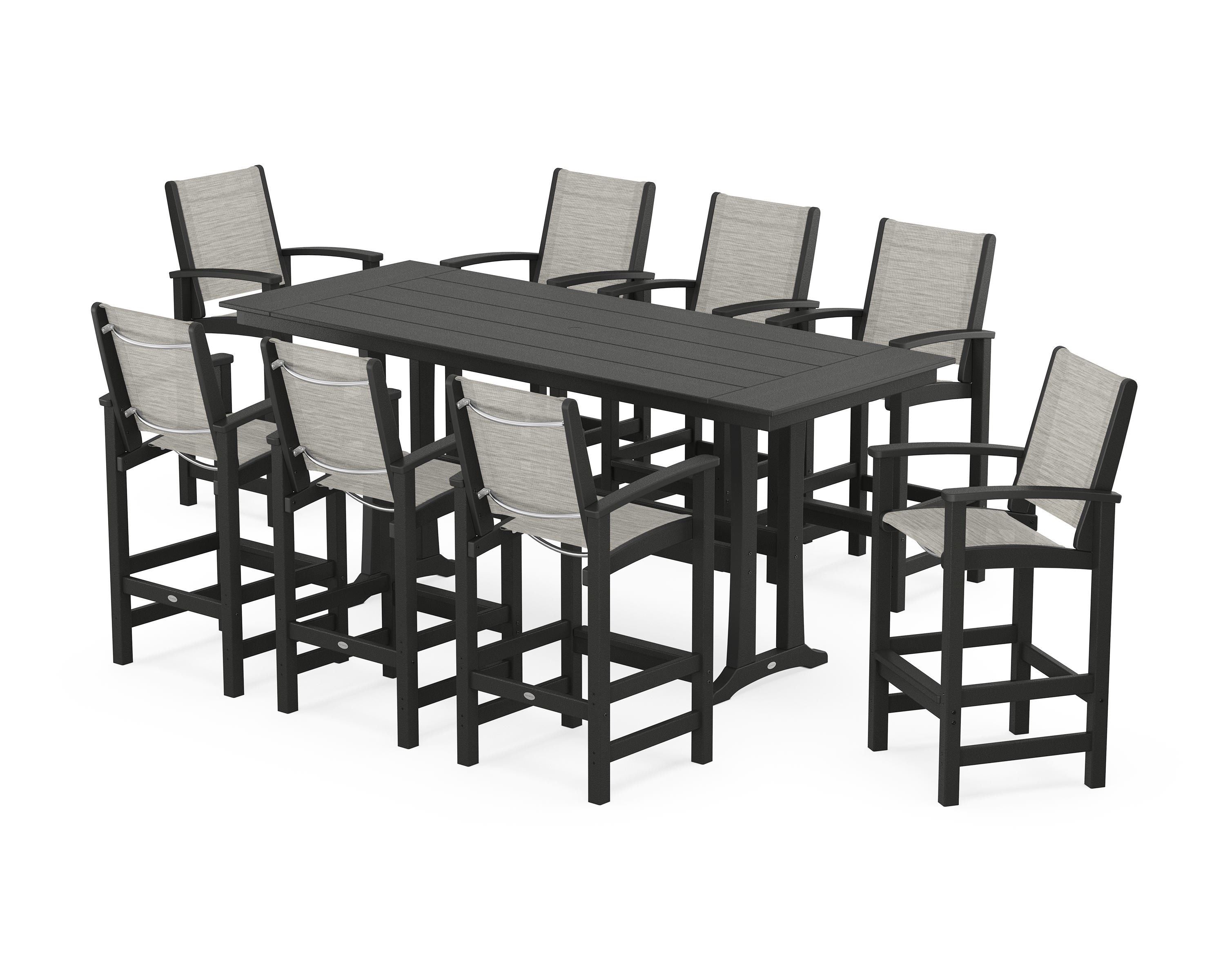 POLYWOOD® Coastal 9-Piece Farmhouse Bar Set with Trestle Legs in Black / Birch Sling