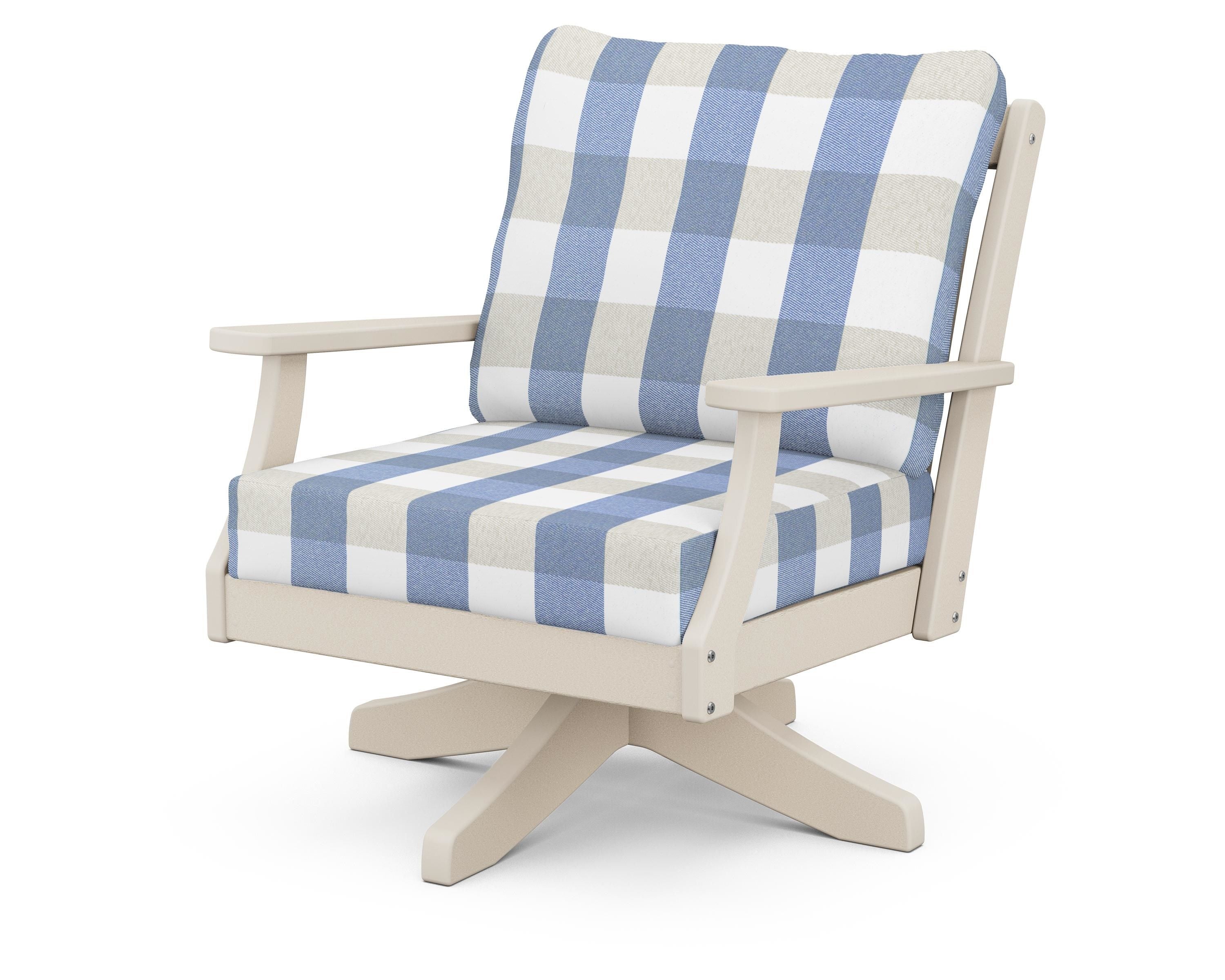 POLYWOOD® Braxton Deep Seating Swivel Chair in Sand / Buffalo Plaid Sky Blue