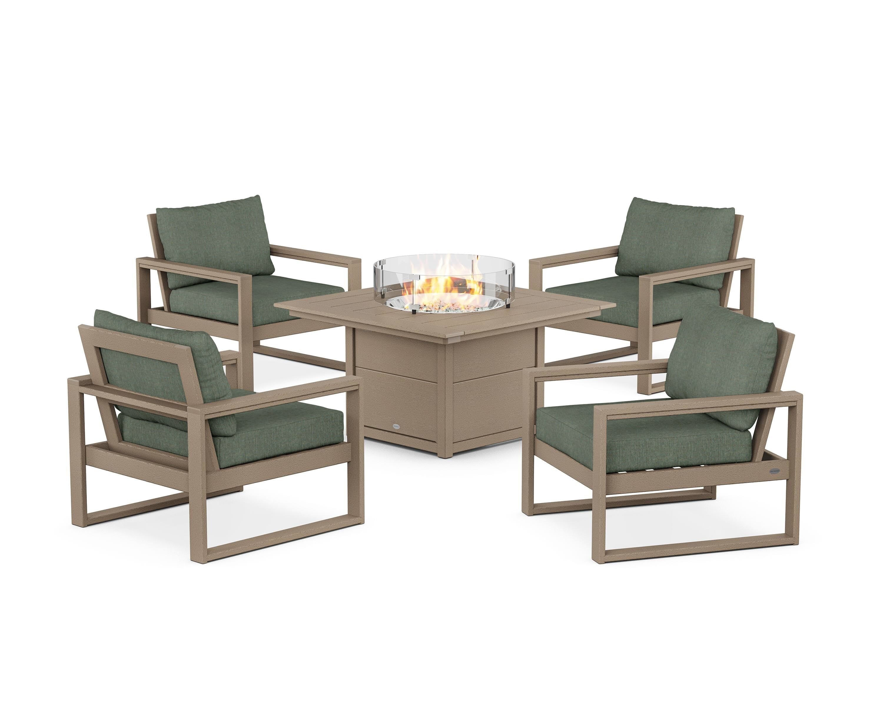 POLYWOOD® EDGE Sectional 5-Piece Deep Seating Set with Fire Pit Table in Vintage Sahara / Cast Sage