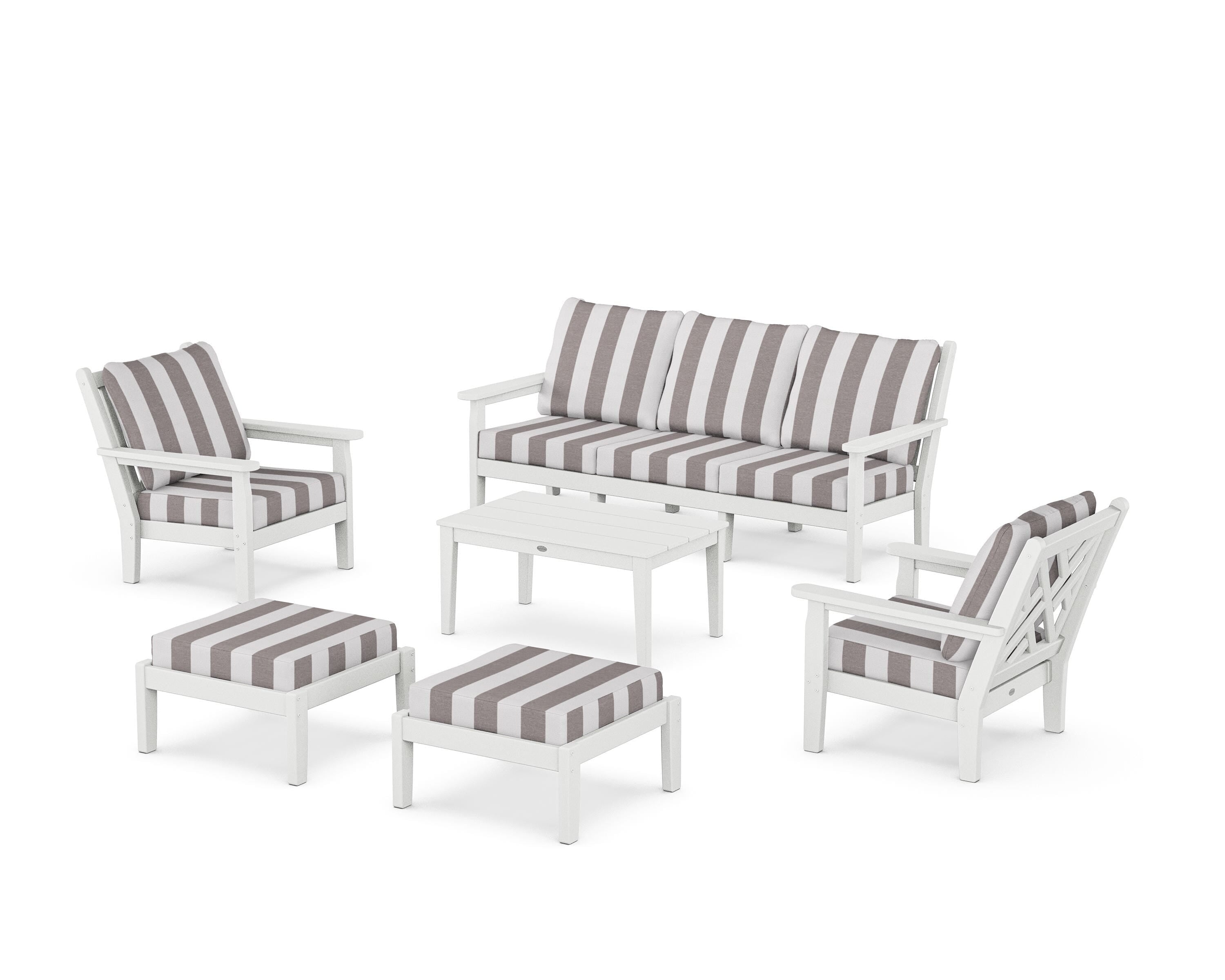 POLYWOOD® Chippendale 6-Piece Lounge Sofa Set in White / Cabana Stripe Grey Mist