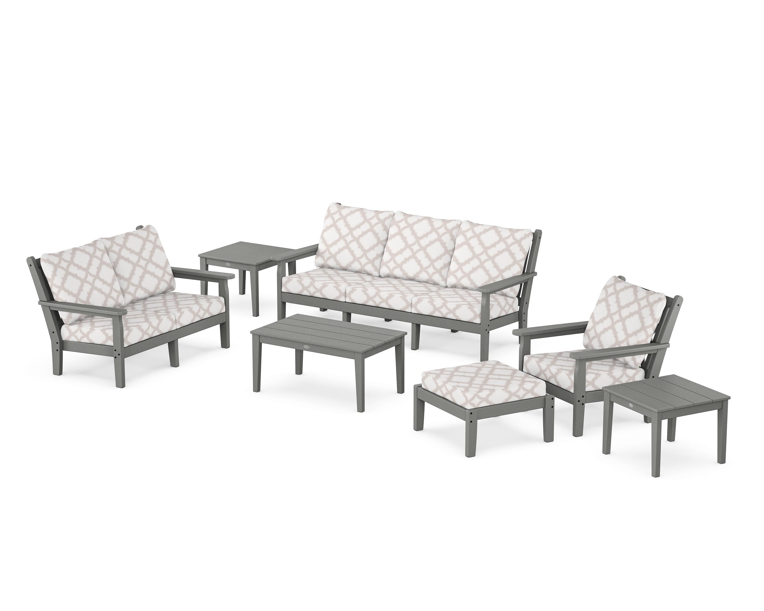POLYWOOD® Chippendale 7-Piece Deep Seating Set in Slate Grey / Trellis Dune Burlap