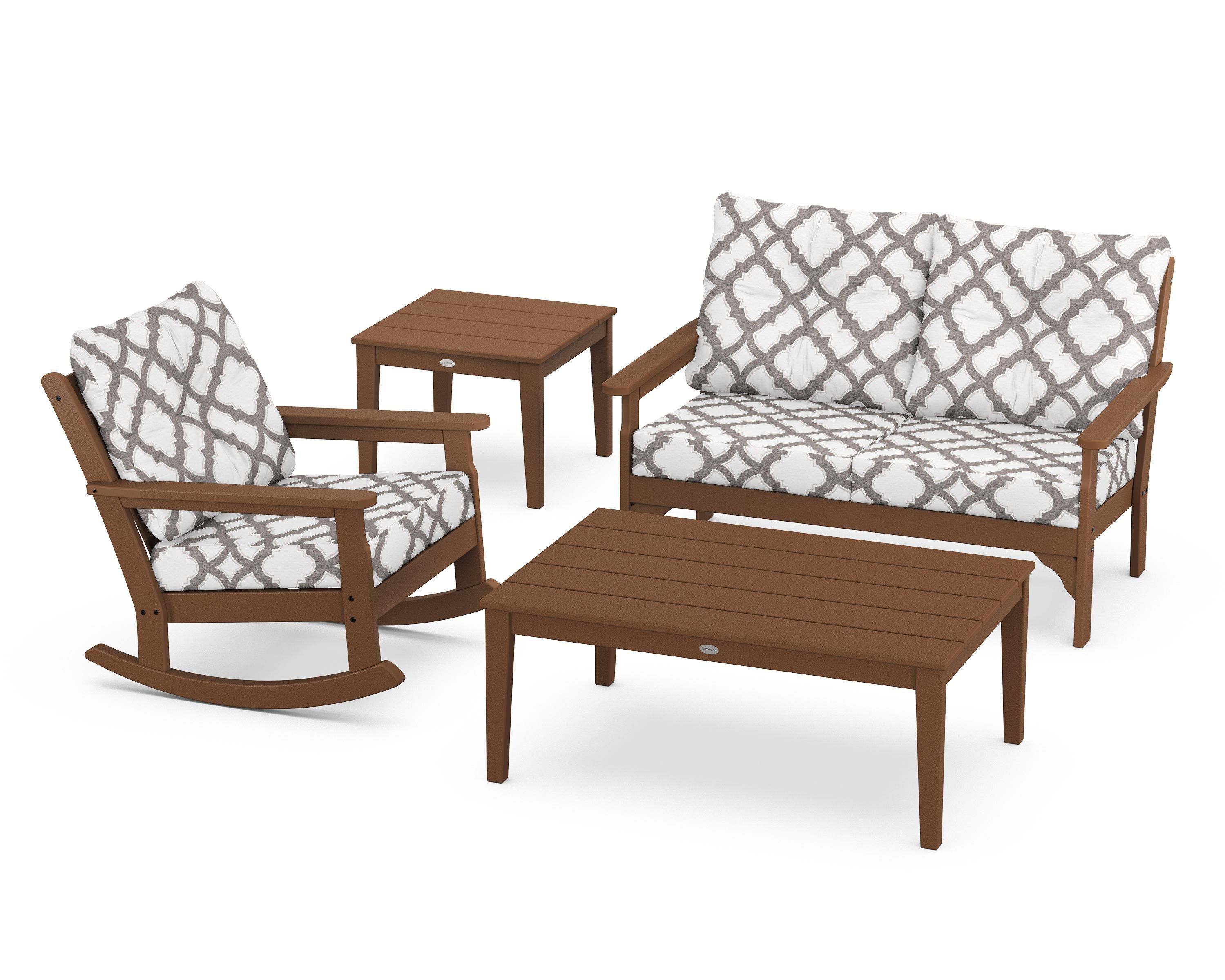 POLYWOOD® Vineyard 4-Piece Deep Seating Rocker Set in Teak / Trellis Grey Mist