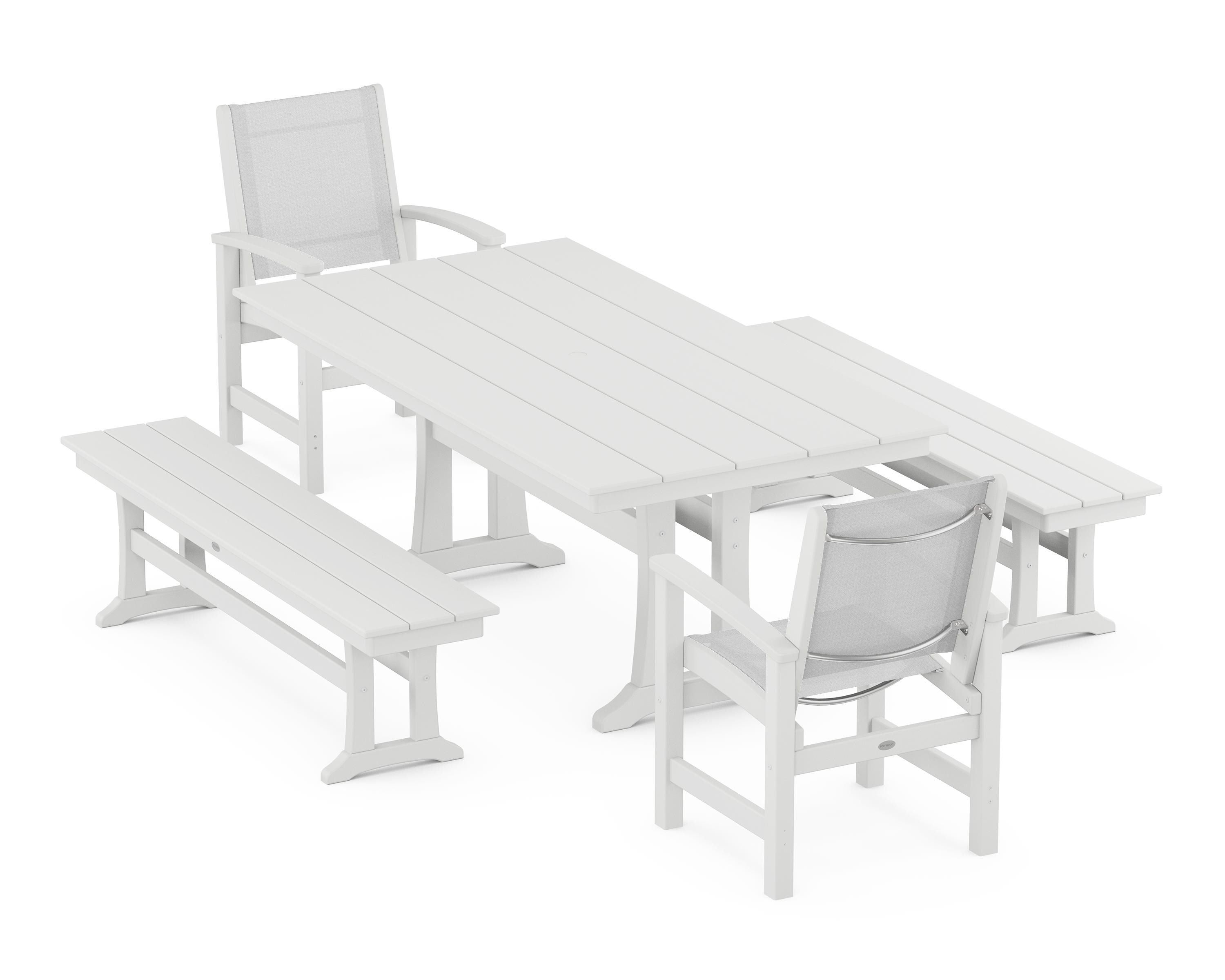 POLYWOOD® Coastal 5-Piece Farmhouse Dining Set with Trestle Legs and Benches in White / White Sling