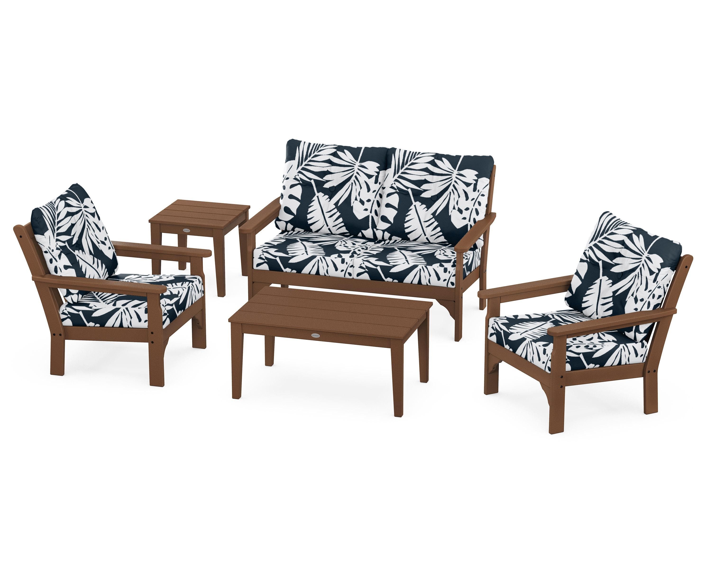 POLYWOOD® Vineyard 5-Piece Deep Seating Set in Teak / Leaf Marine Indigo