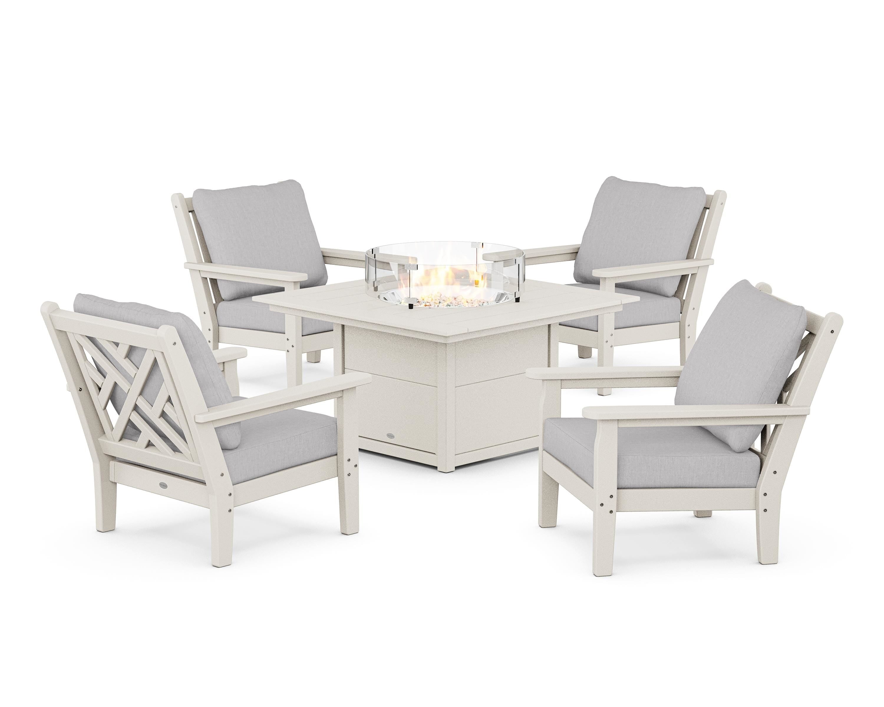 POLYWOOD® Chippendale 5-Piece Deep Seating Set with Fire Pit Table in Sand / Granite