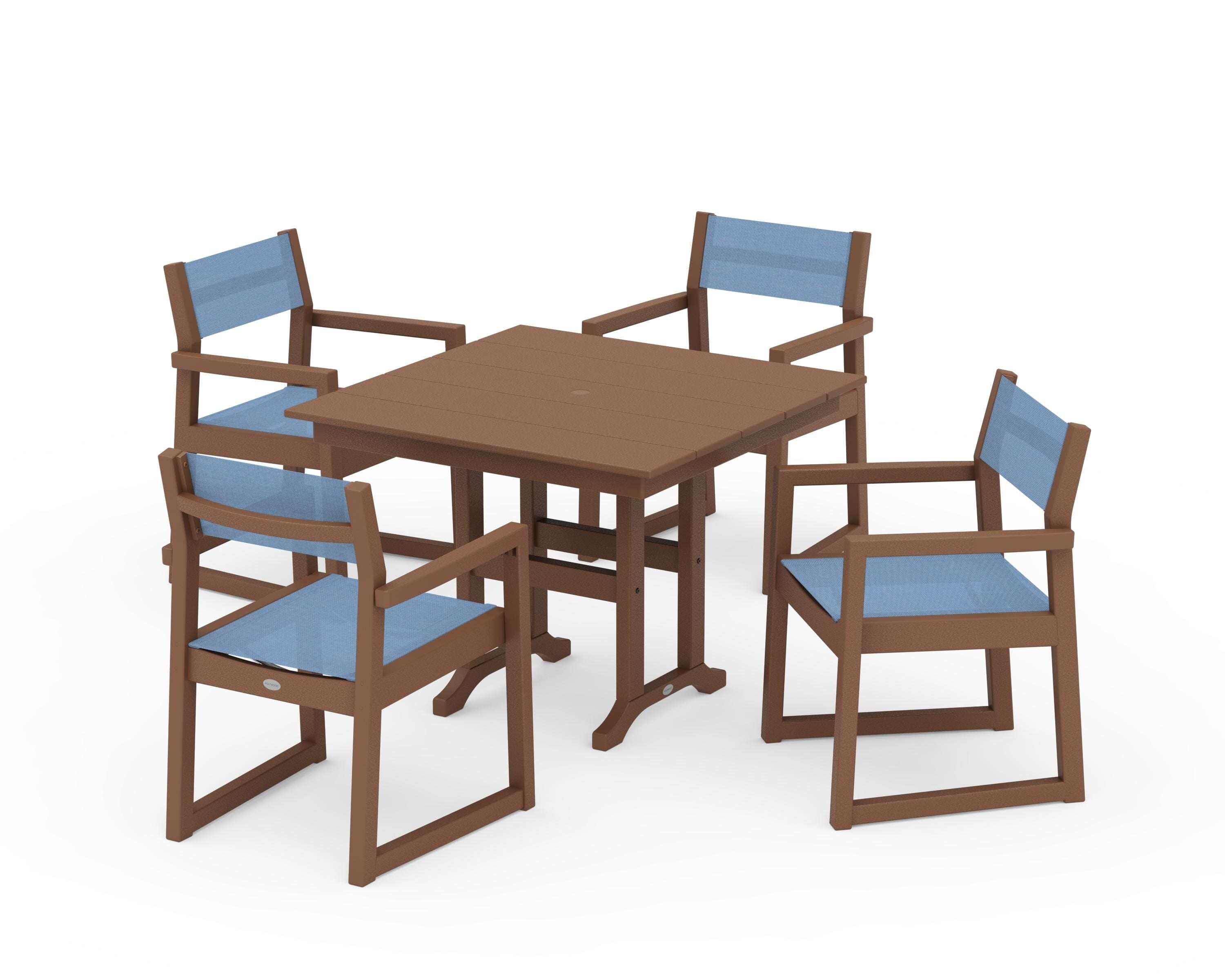 POLYWOOD® EDGE Sling Arm Chair 5-Piece Farmhouse Dining Set in Teak / Poolside Sling