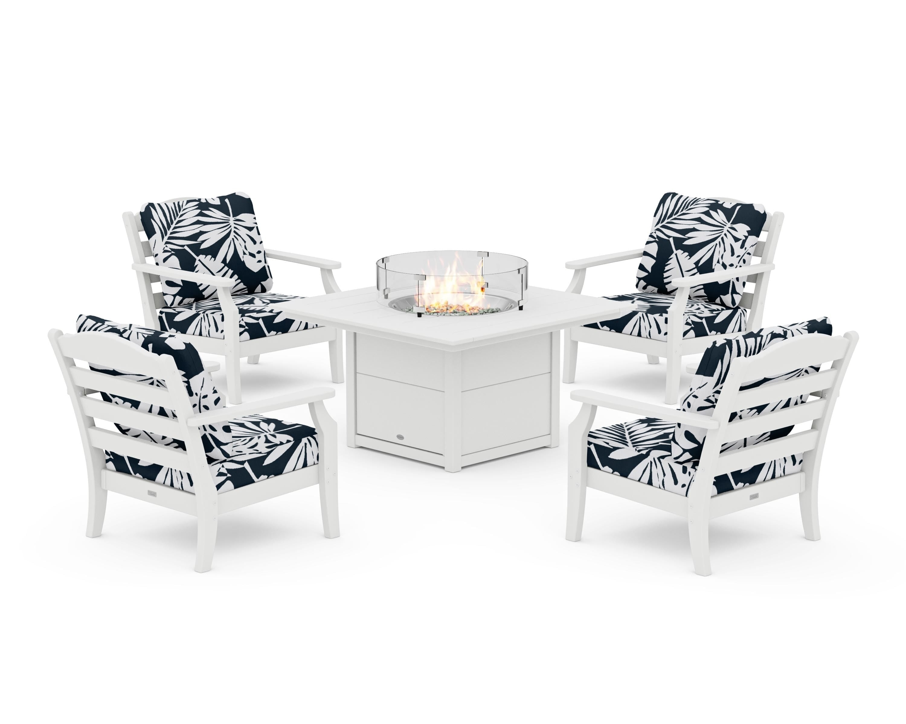 Draper James™ by POLYWOOD® Savannah 5-Piece Deep Seating Set with Fire Pit Table in White / Leaf Marine Indigo