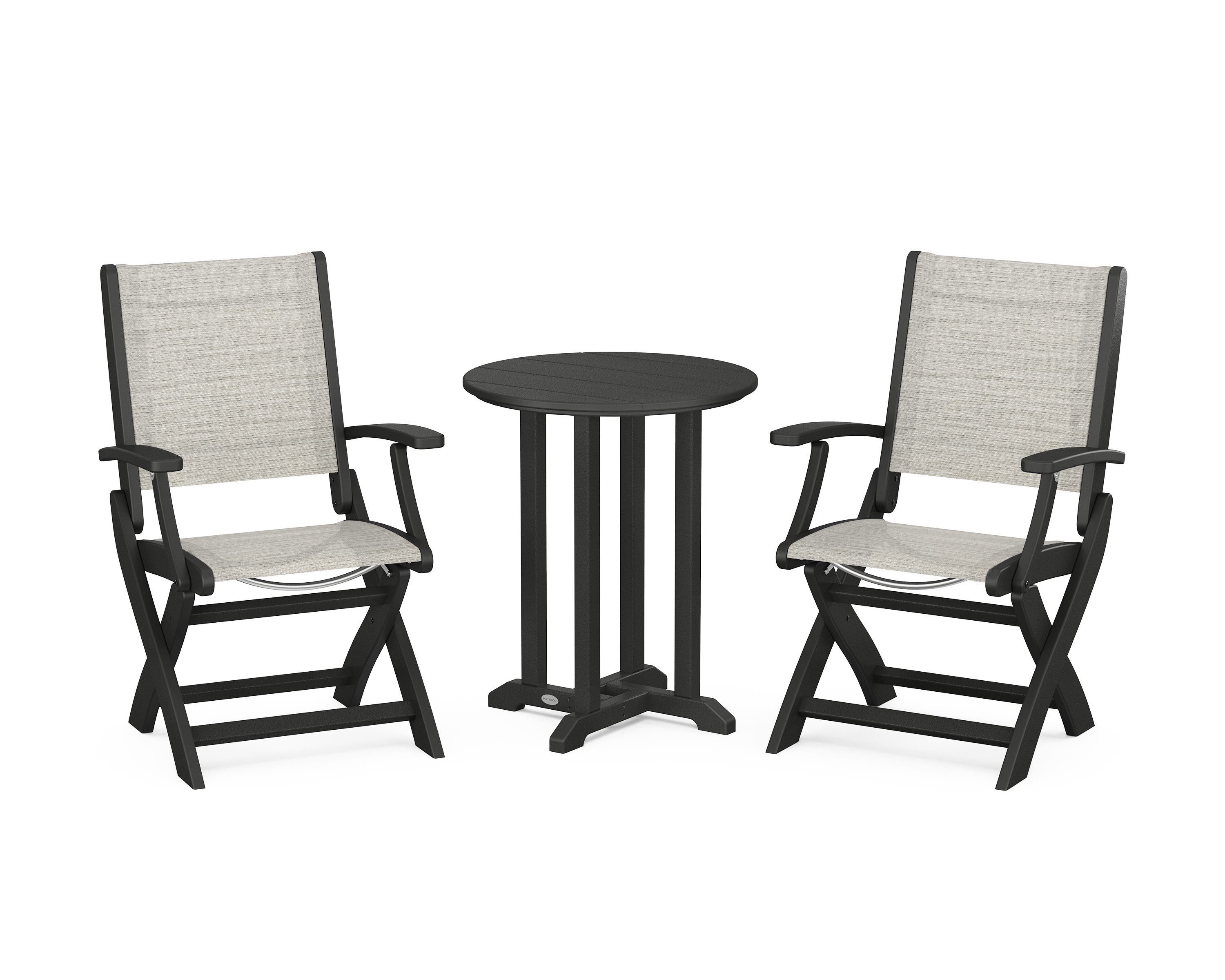 POLYWOOD® Coastal Folding 3-Piece Round Bistro Dining Set in Black / Birch Sling